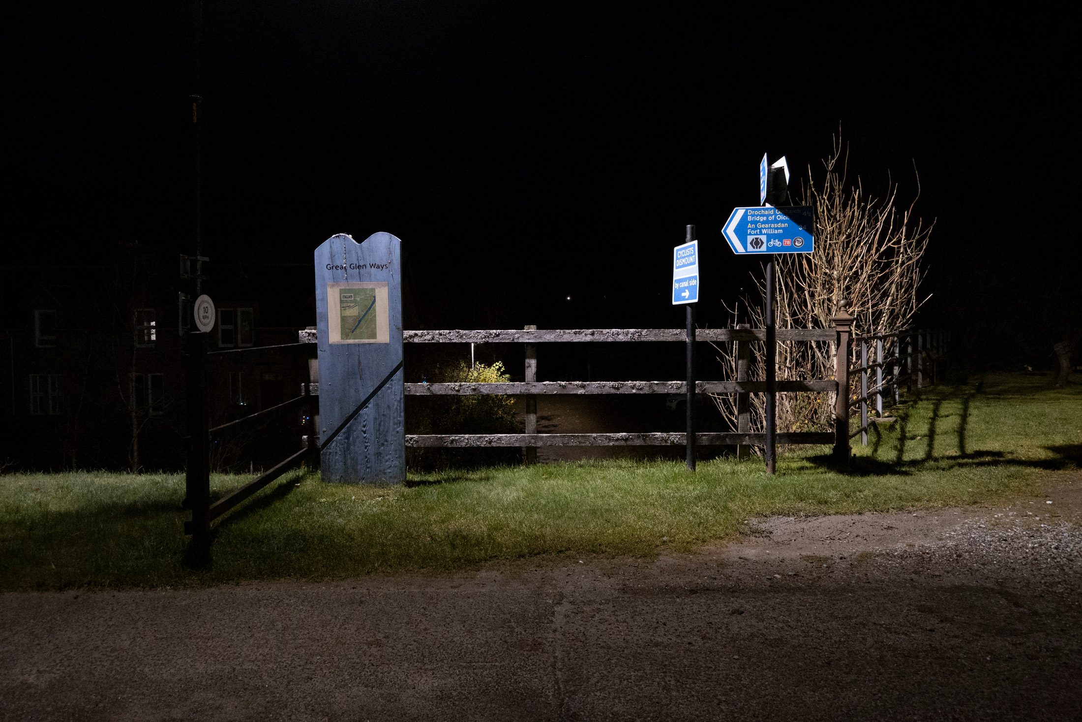 Pathway in Fort Augustus in Scotland next to Loch Ness at night, taken by Kristi Townsend on a Canon PowerShot V1.