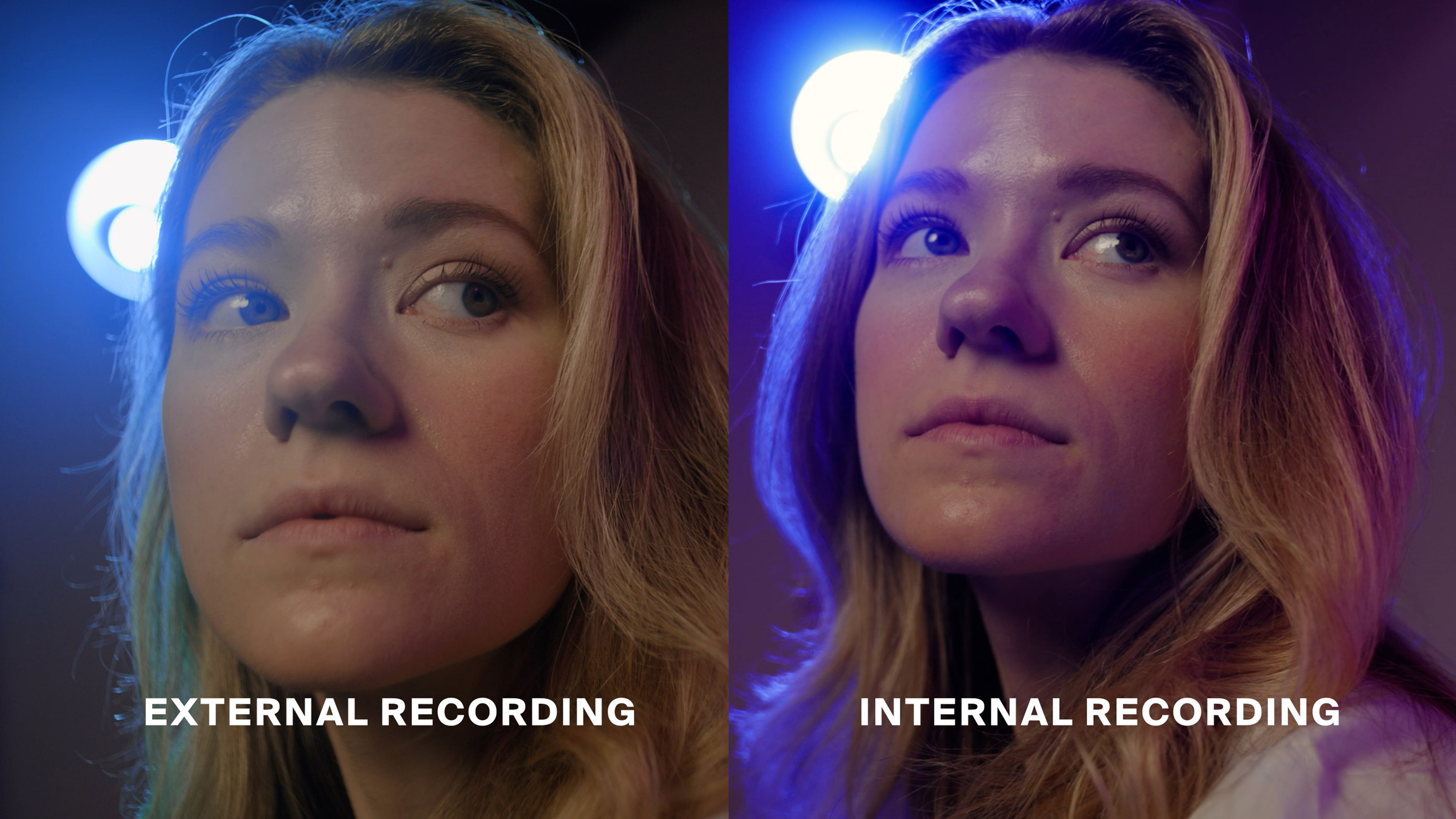 Internal vs. external recording split-screen of person with blond hair