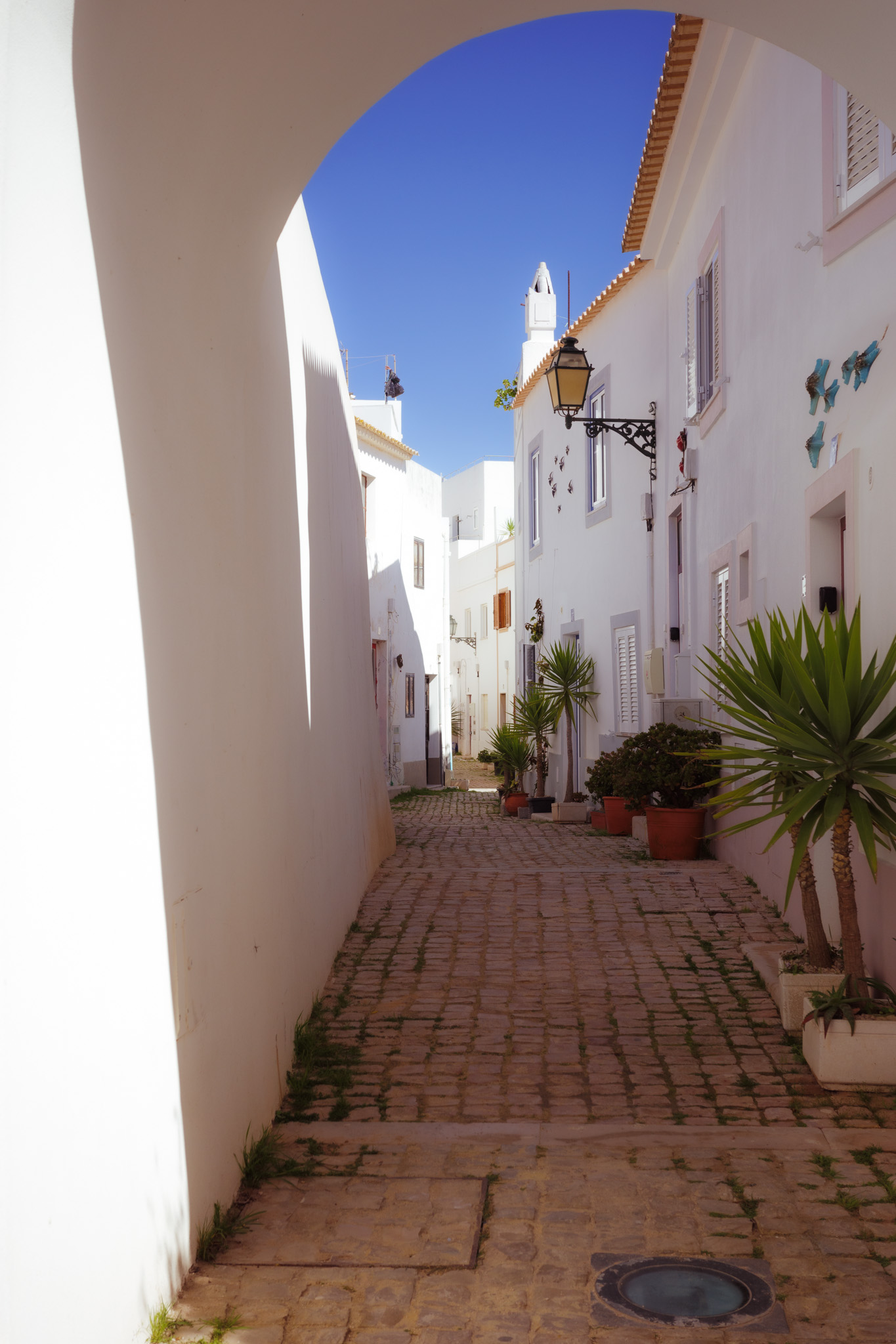 Kleine schattige Straße im sonnigen Albufeira, Portugal. Von Connor Redmond.