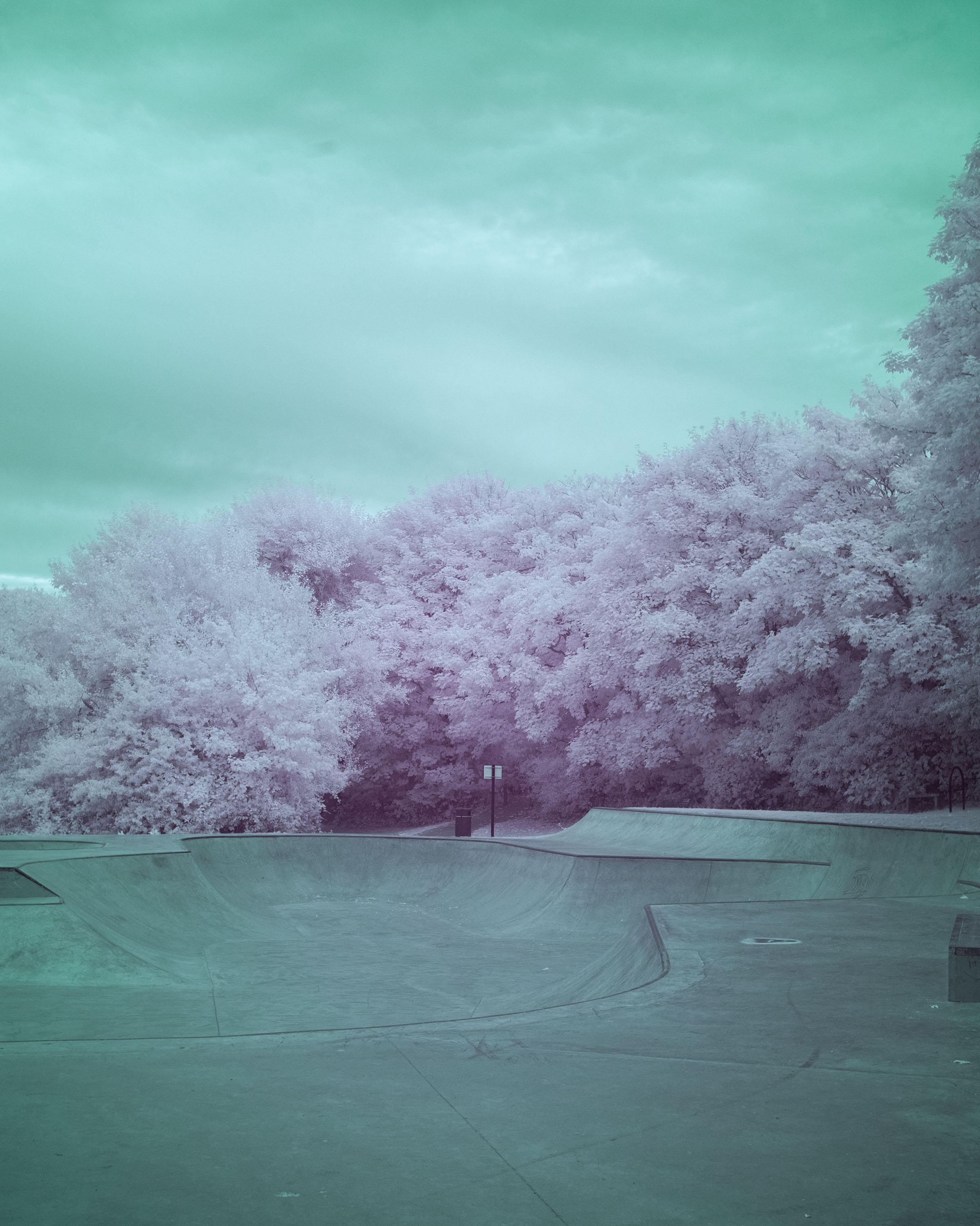 An infrared film photo of a skatepark and trees, shot by Keiran Tutt