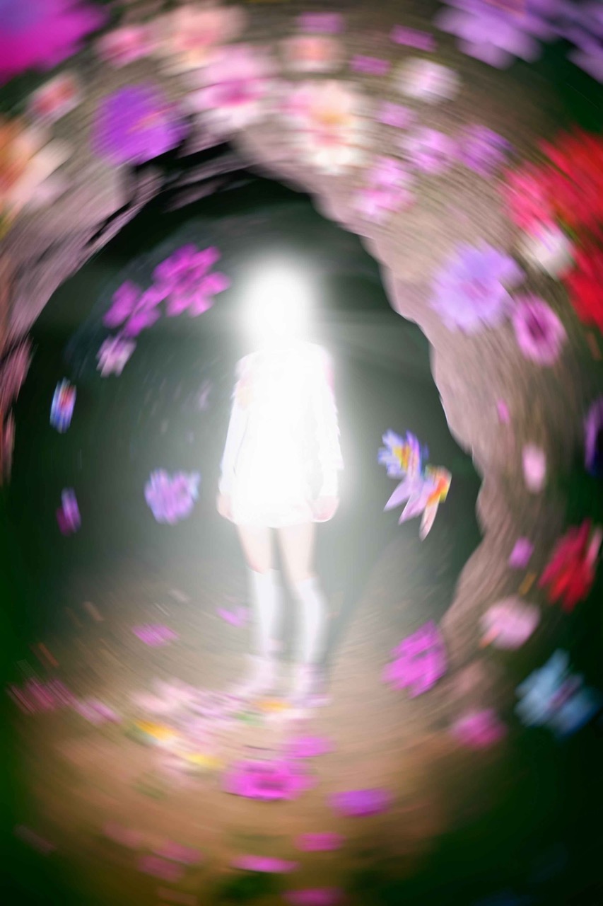 Een afbeelding van een menselijke vorm, gehuld in licht, omringd door een dans van kleurrijke bloemen. Een werk genaamd Lightflower van kunstenaar Claudia Fuggetti