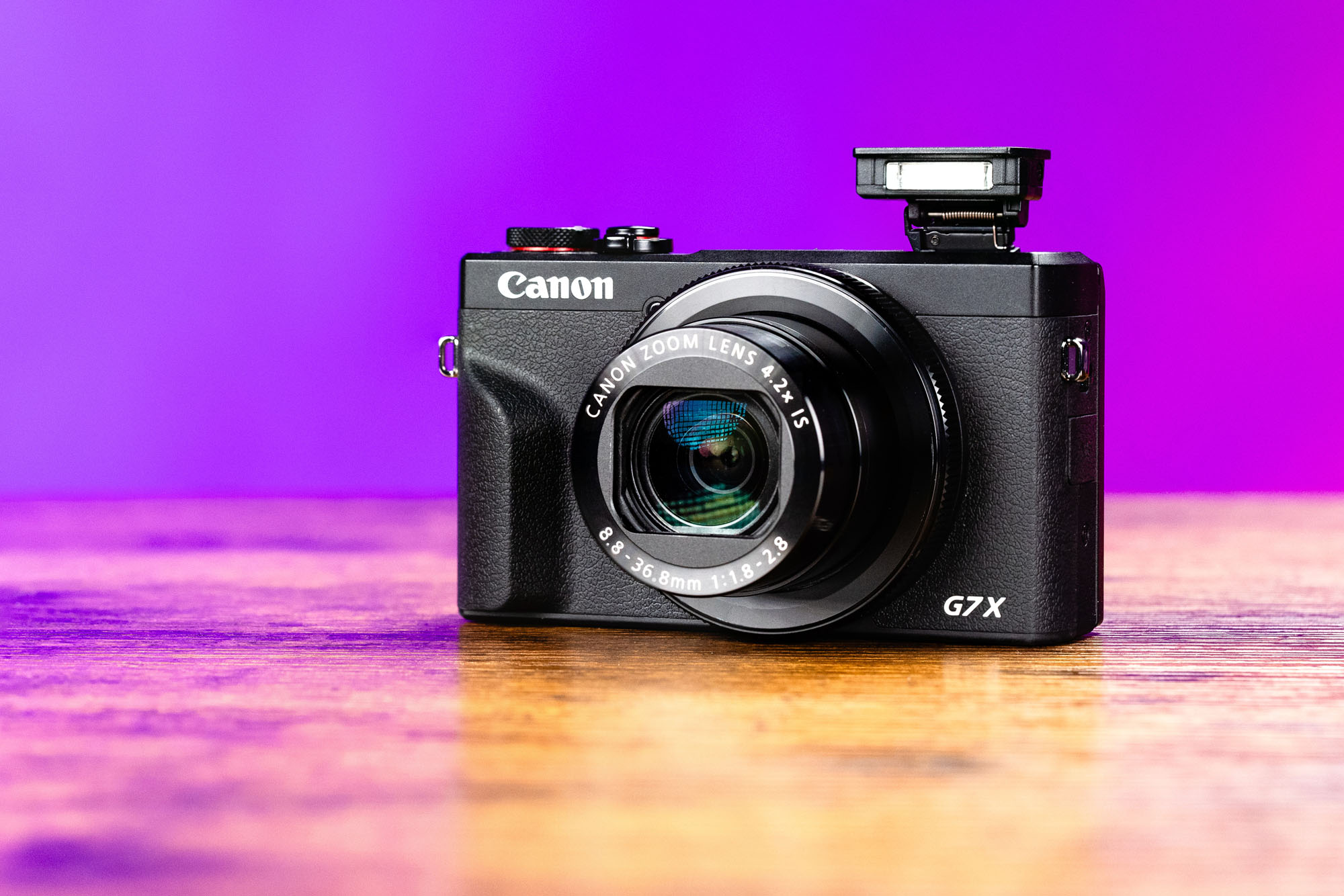 Canon G7 X III on a purple background.