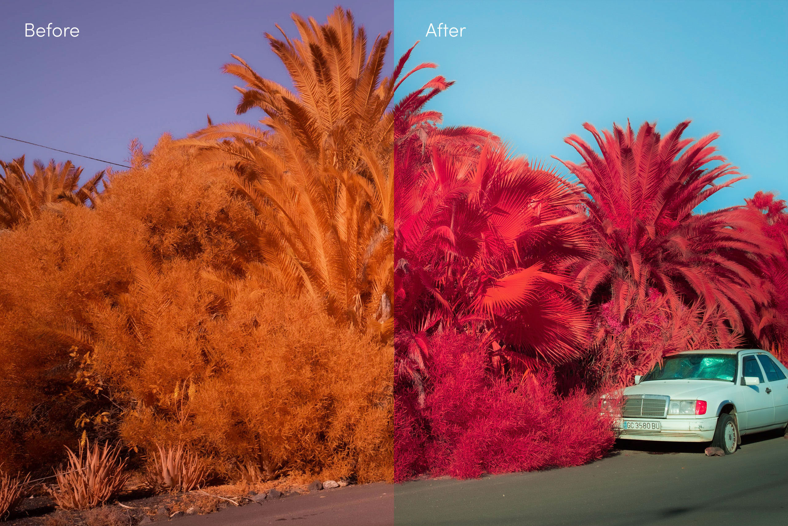 A side-by-side comparison of unedited and edited versions of an infrared photo of a car surrounded by flora in Lanzarote, shot by Ian Howorth with an IR-Converted Fujifilm X-T1