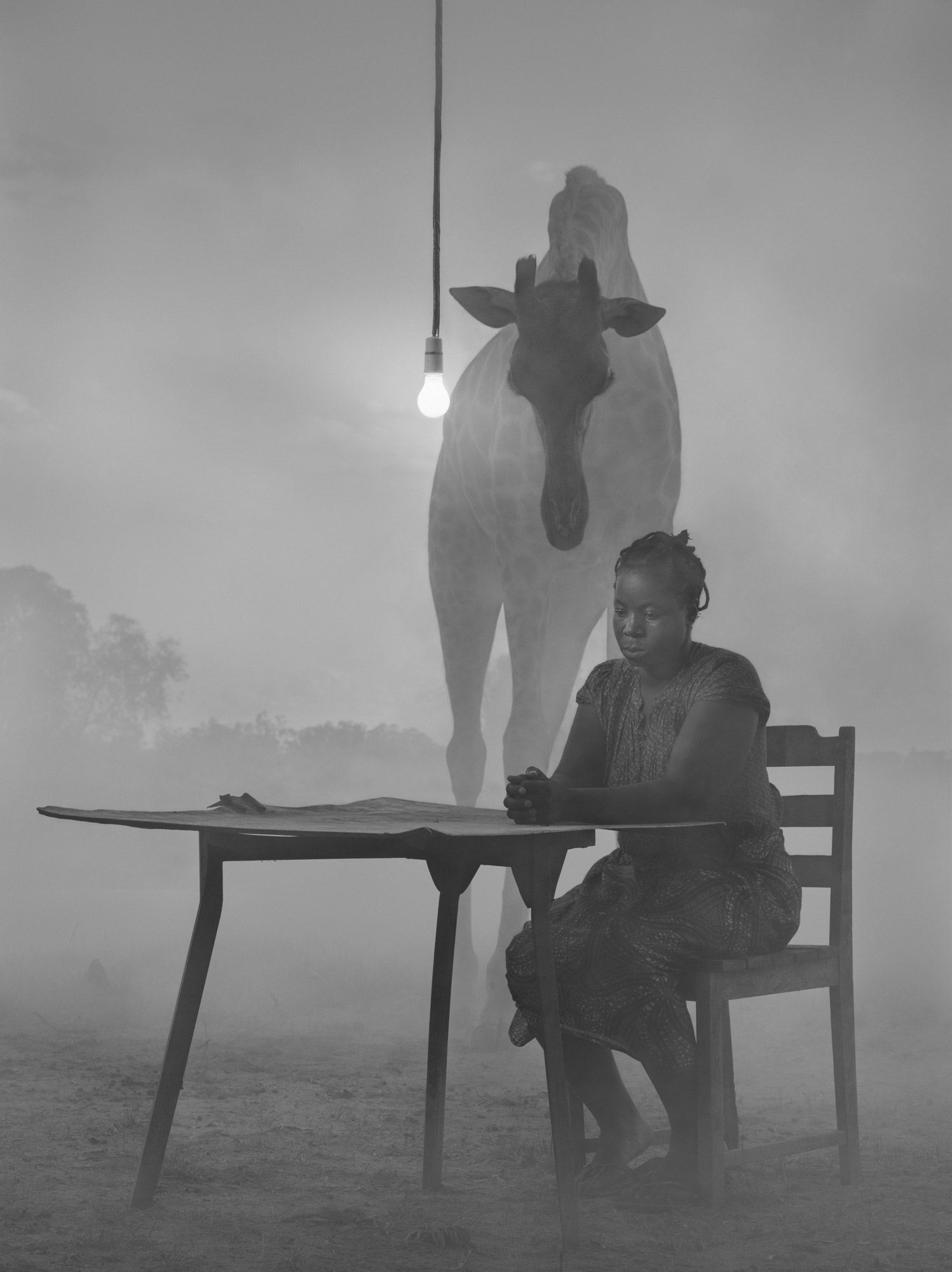 A black-and-white photo of a person sitting at a table under a lightbulb in the woods, while a giraffe looks down
