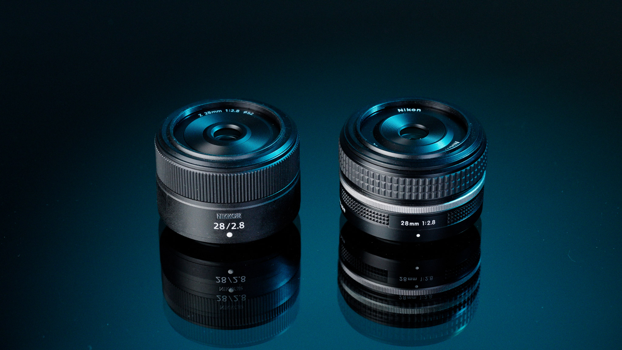 Nikon Z 28mm f/2.8 SE and Z 40mm f/2 SE on a blue and black background