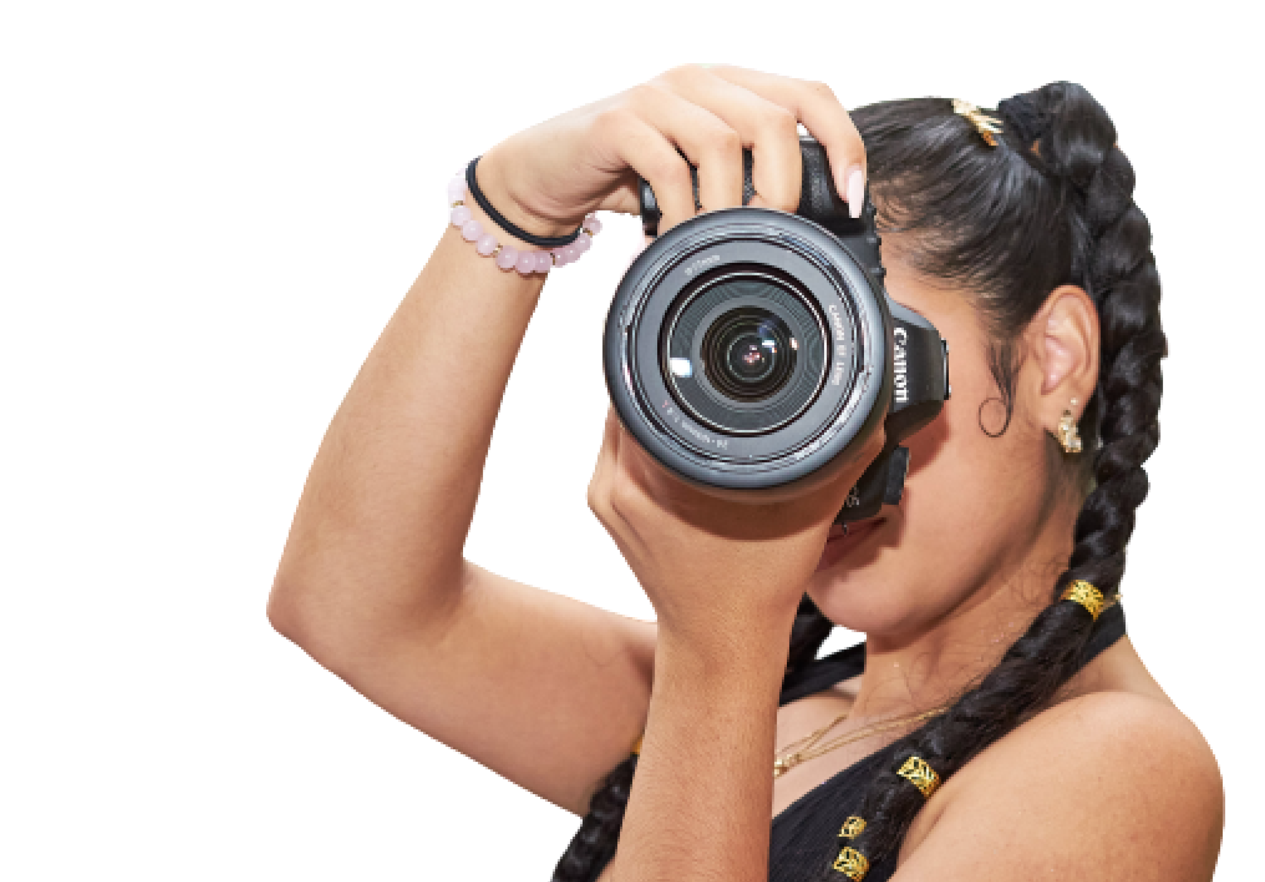 Image: https://images.ctfassets.net/bht415zek091/1LznQlZEQ4kRtq7cp03Tje/bf1aa4de0687a5c997230d713c972de7/photographer-taking-photo.png A photographer wearing pink and black hairbands on their wrist taking a photo in portrait mode with a Canon DSLR
