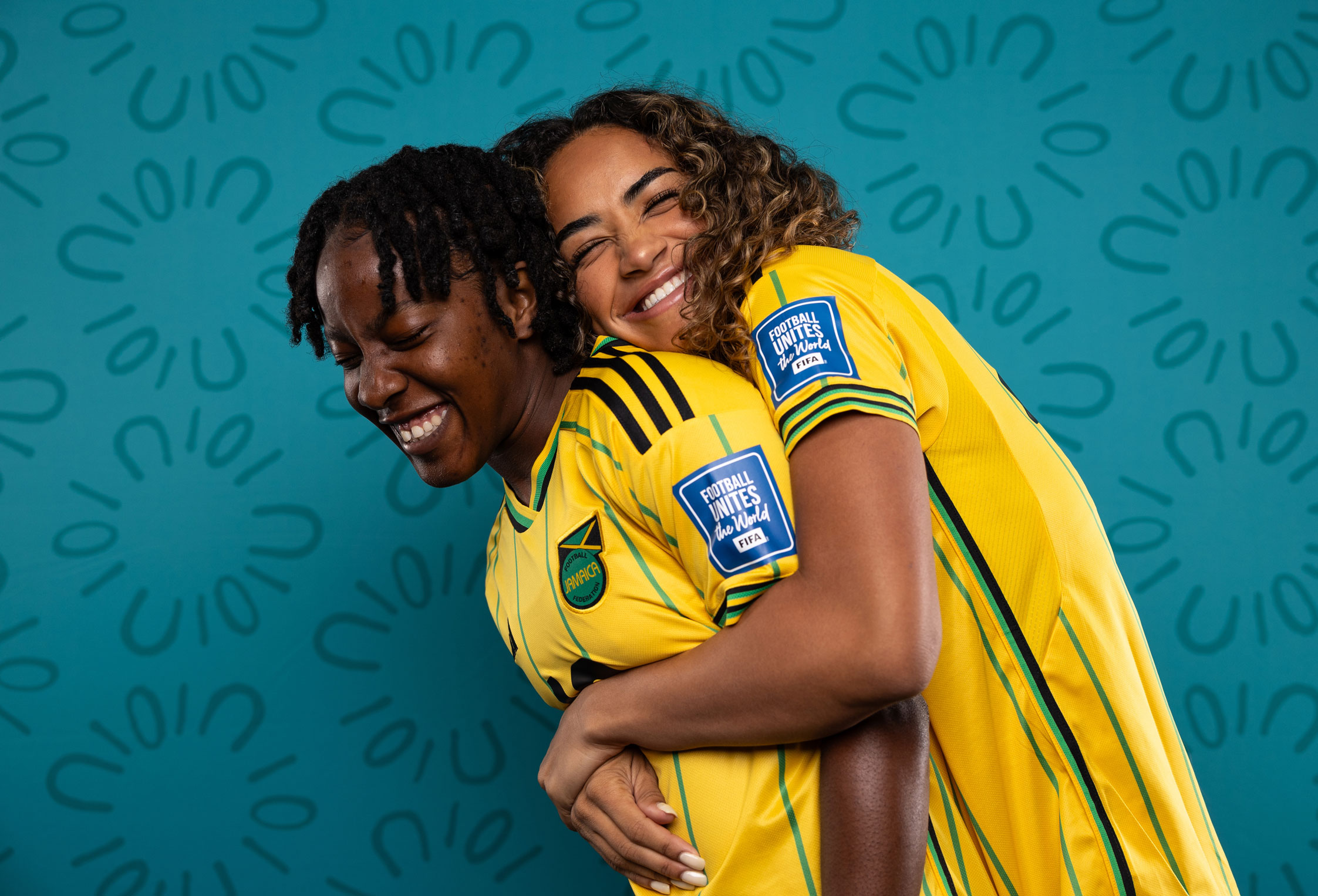 Jody Brown and Kalyssa van Zanten of Jamaica pose during 2023 FIFA Women’s World Cup portrait session, photo by Elsa Garrison with a Canon EOS R3