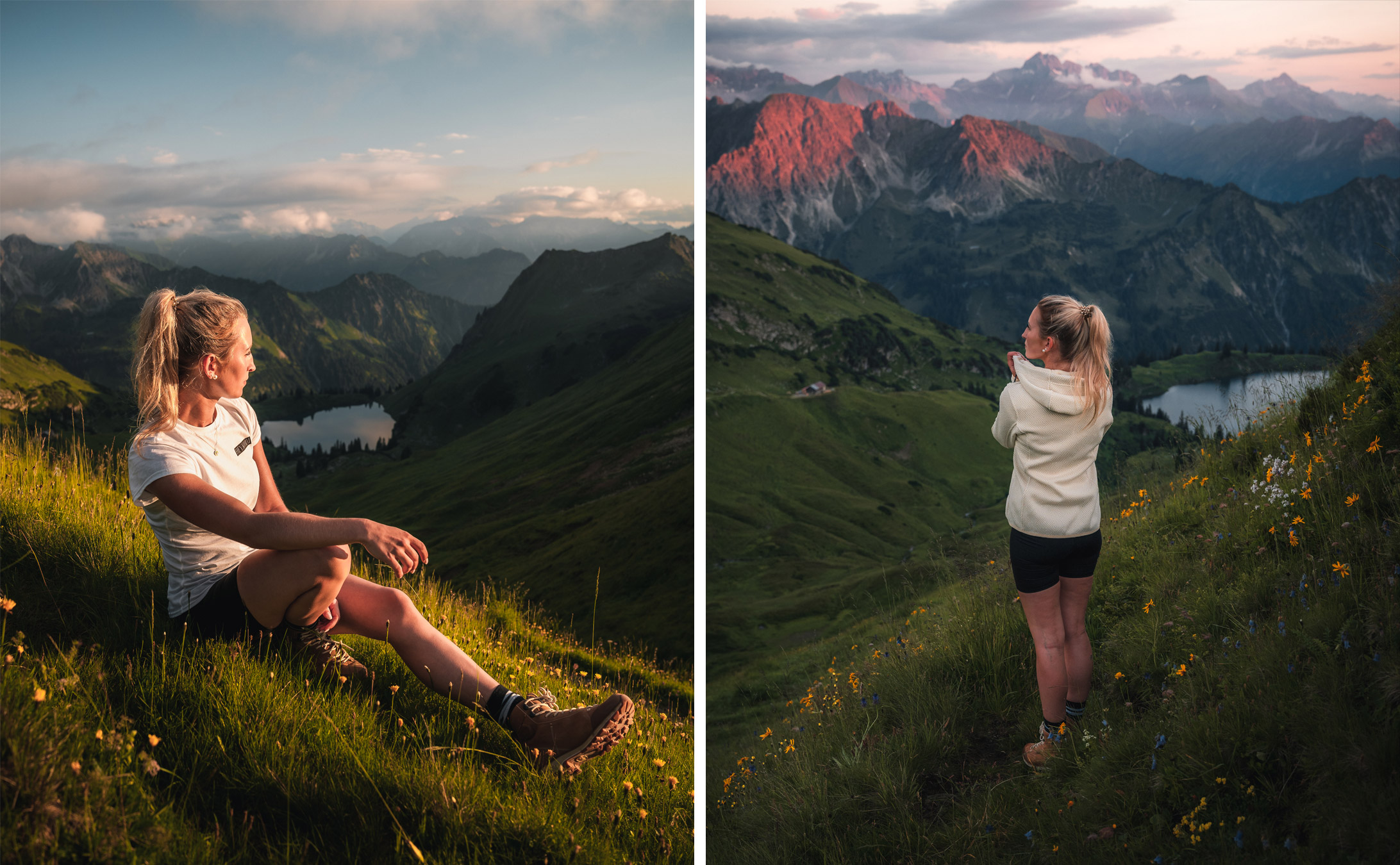 Zwei Bilder von einer Frau in einer Berglandschaft, links sitzend, rechts stehend.