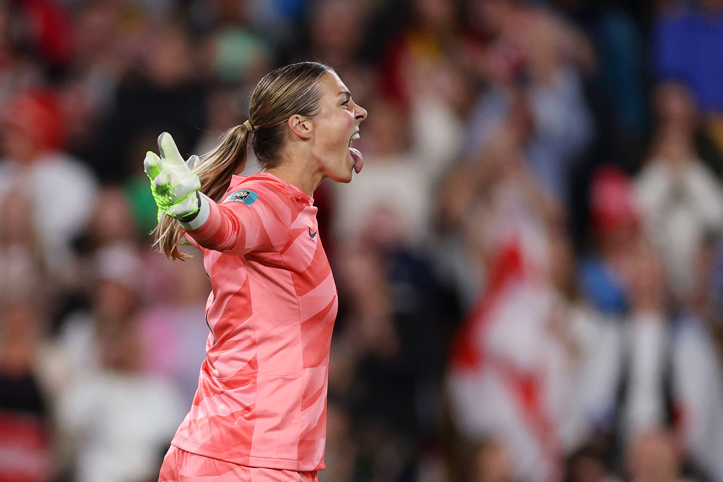 Mary Earps of England celebrates after a penalty shootout during the FIFA Women's World Cup Australia & New Zealand 2023 round of 16 match between England and Nigeria. Photo by Elsa Garrison on a Canon EOS R3.