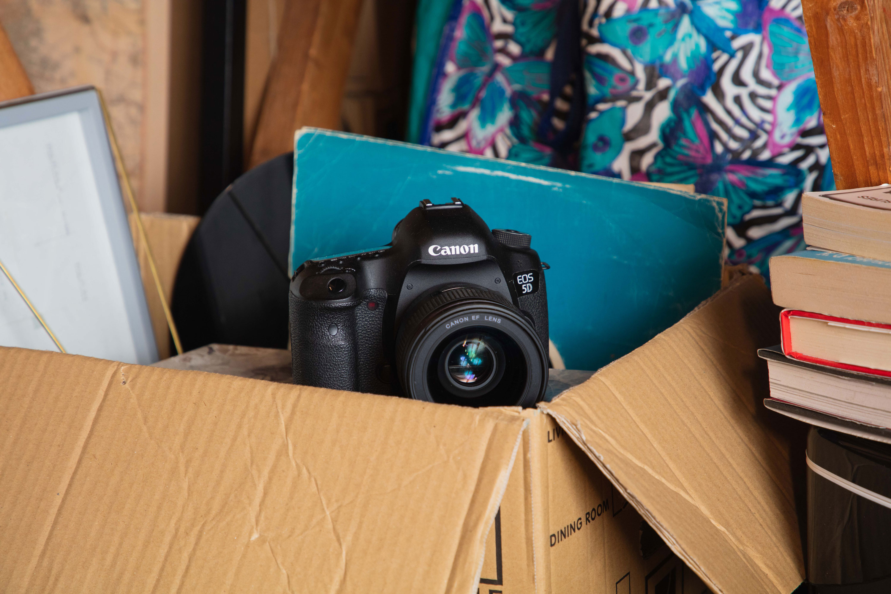 An attic with a cardboard box, books, vinyl records and a Canon DSLR