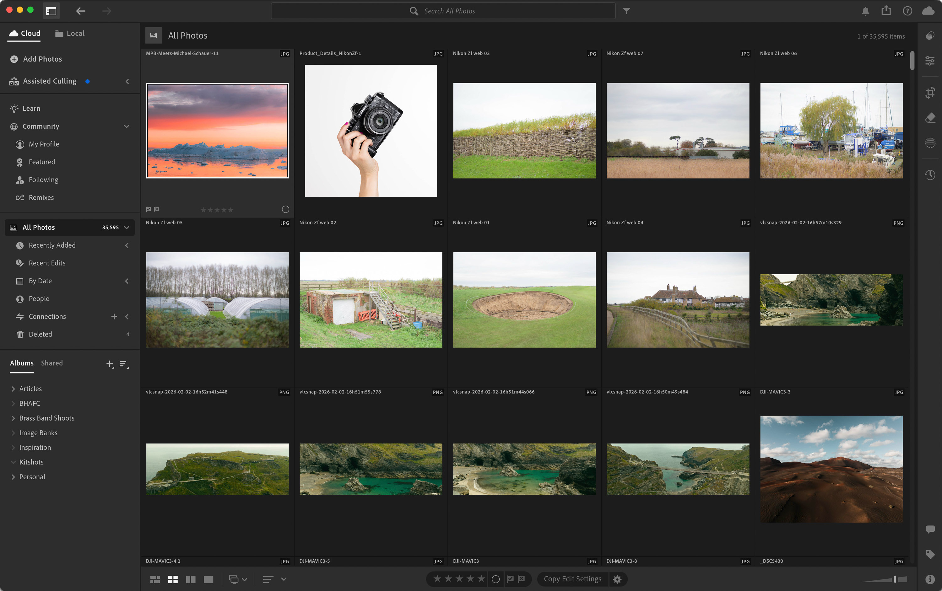 Screenshot eines Lightroom Cloud-Katalogs mit verschiedenen Bildern von Connor Redmond.
