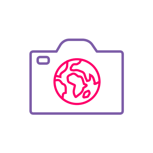 Icon of a purple camera with a pink globe over the lens