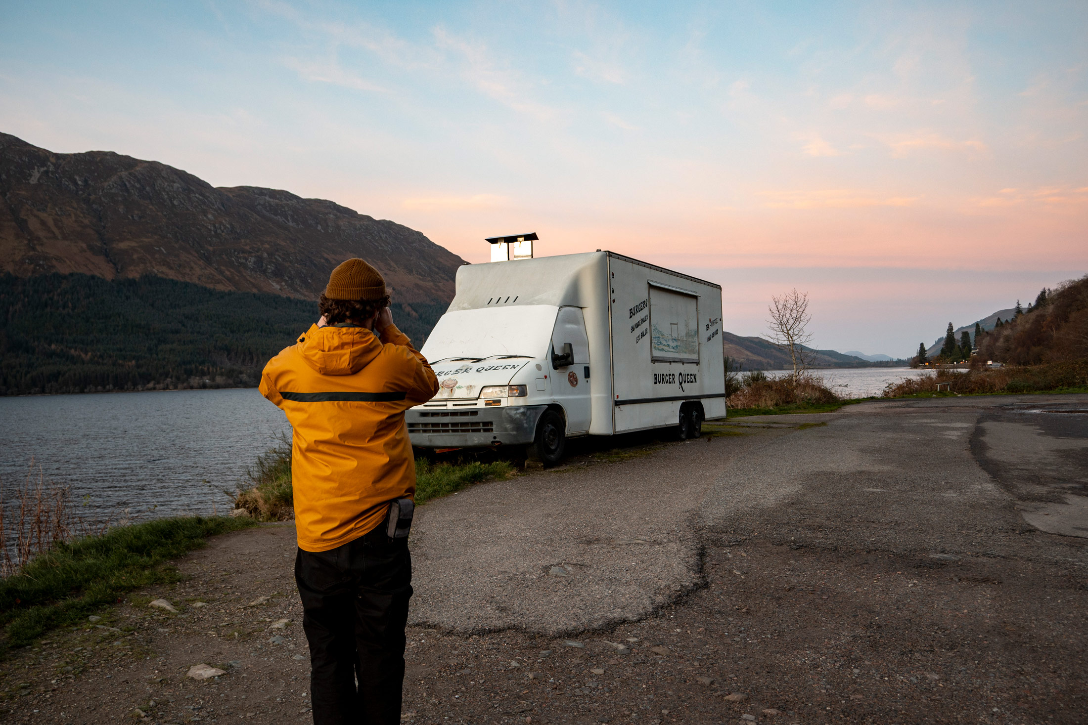 Sunset in November with pink skies at a Loch in Scotland, taken on a Canon PowerShot V1 by Kristi Townsend.