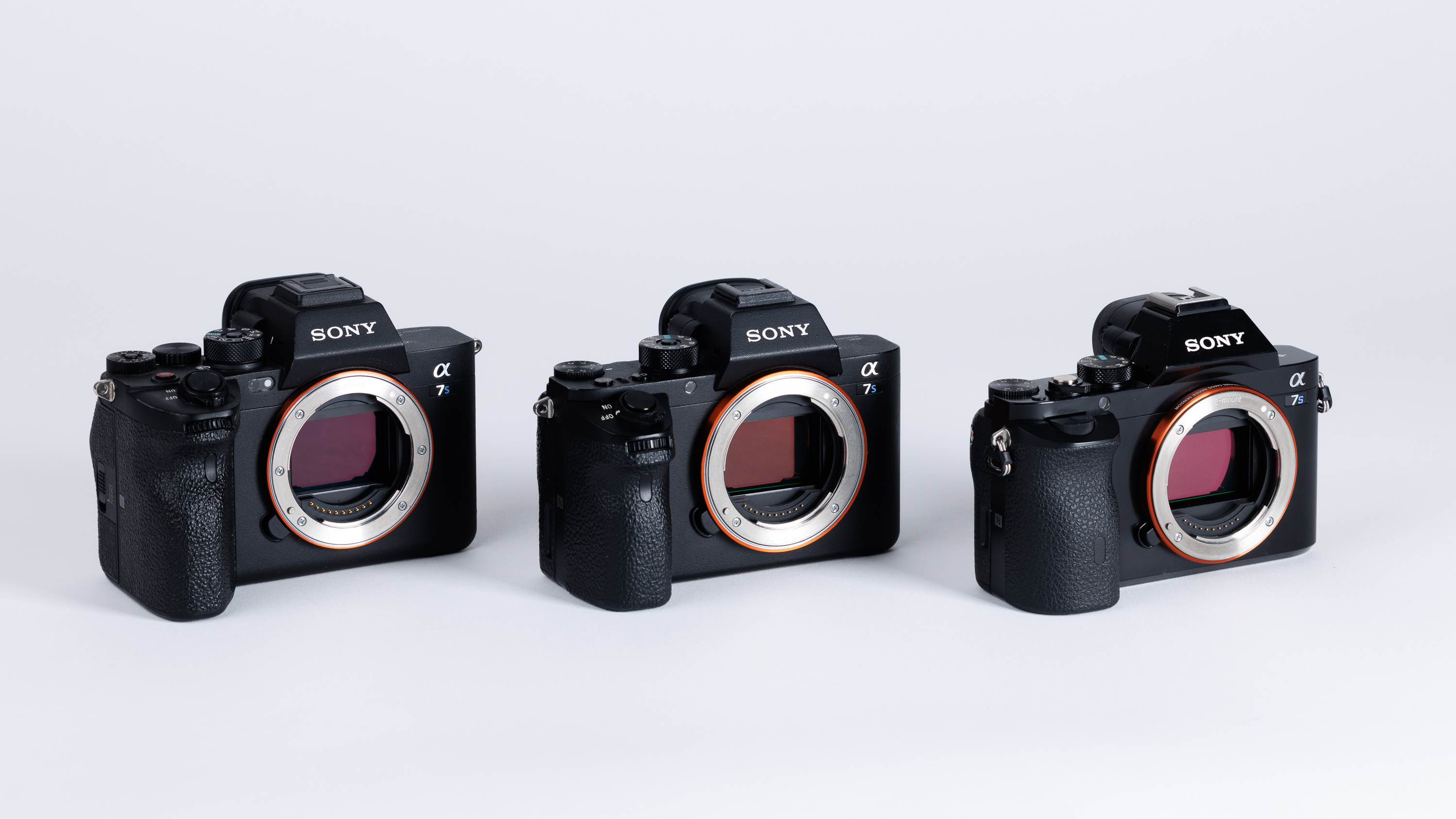 Each camera from the Sony A7S series on a white background. From L-R: A7S III, A7S II, A7S 