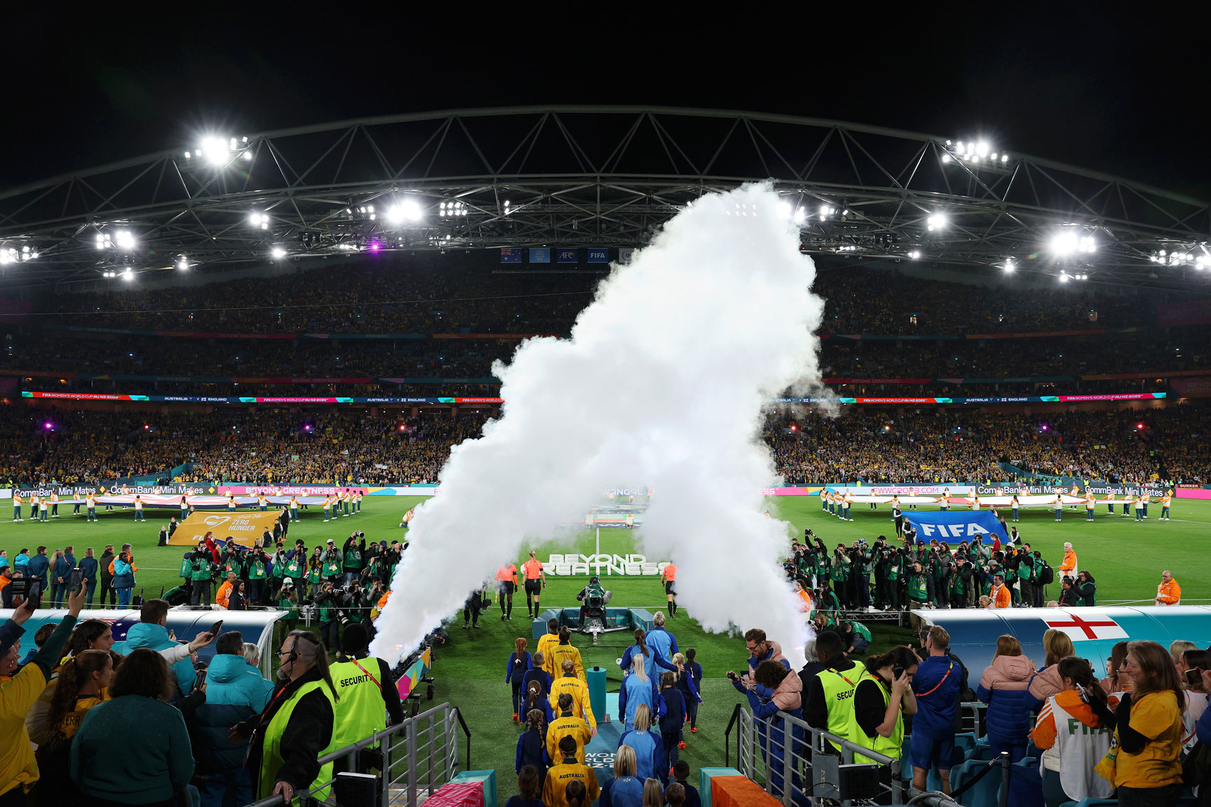 Players walk onto the pitch before the Semi Final match between Australia and England during the FIFA Women’s World Cup. Photo by Elsa Garrison on a Canon EOS R3.