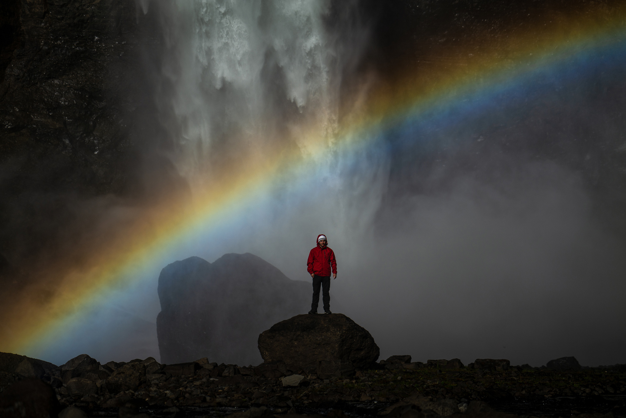 A figure in a red coat standing on a rock in front of a waterfall with a rainbow overhead in Iceland, shot by Paul Watson with a Panasonic S1R