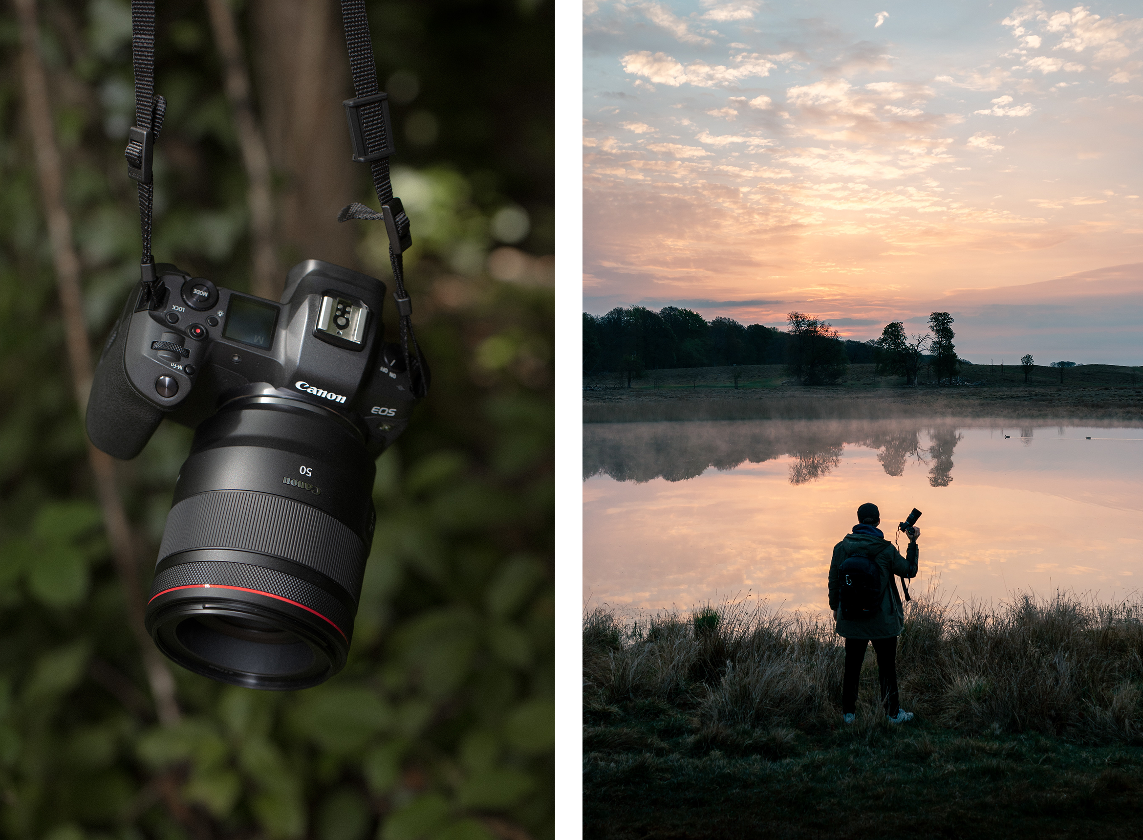 Canon EOS R series kit and man with a camera facing a lake at sunset.