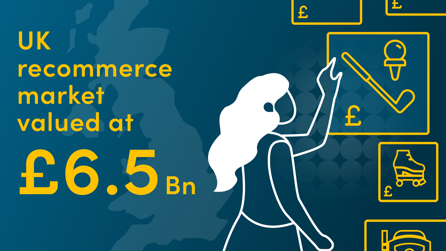 Illustration of a person, in front of a map of the UK, reaching up towards a card showing a golf club, overlaid text states “UK recommerce market valued at £6.5bn”


