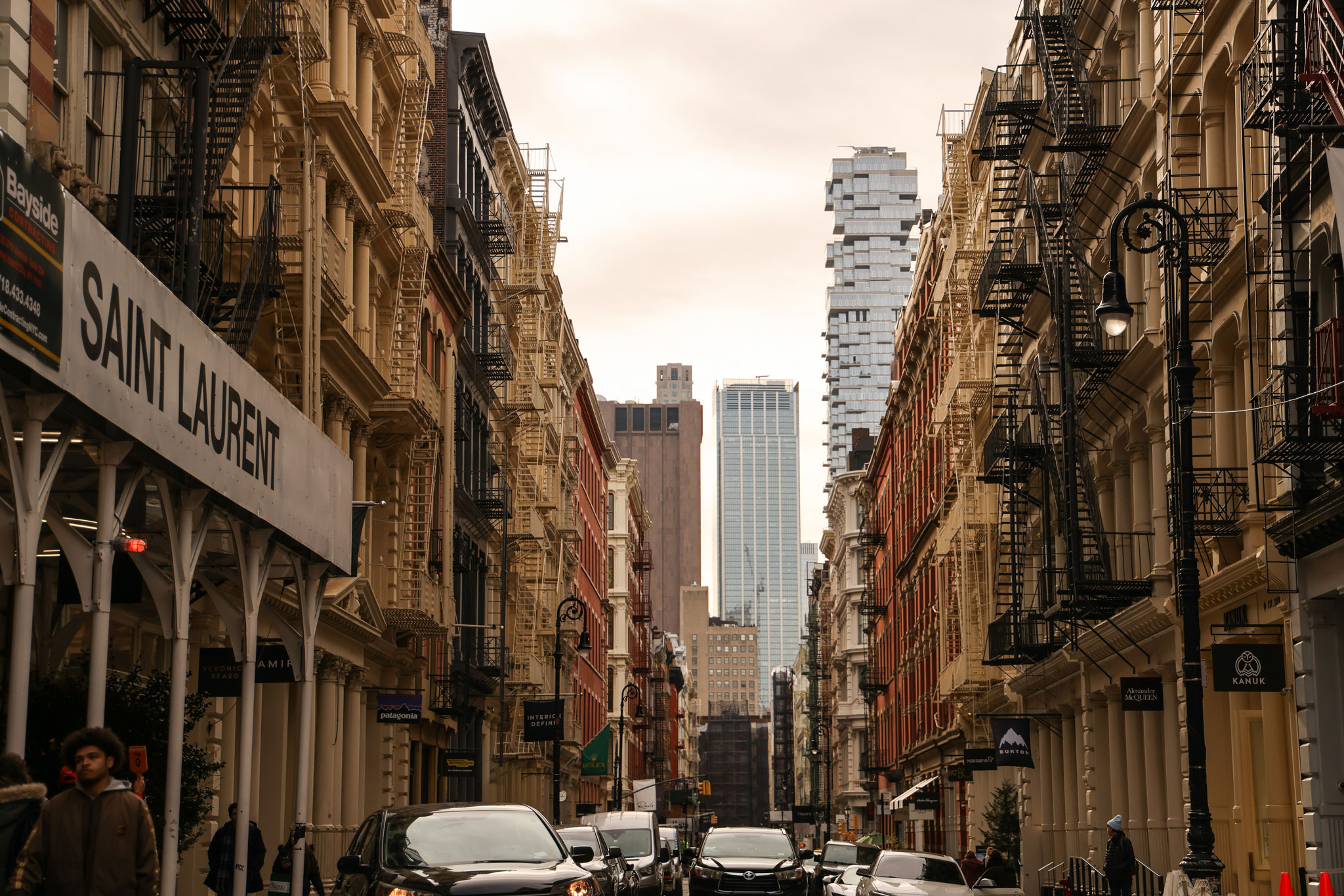 Shot of SoHo street in New York City with famous Tetris building in the background, photo by Berta Amelinaite.