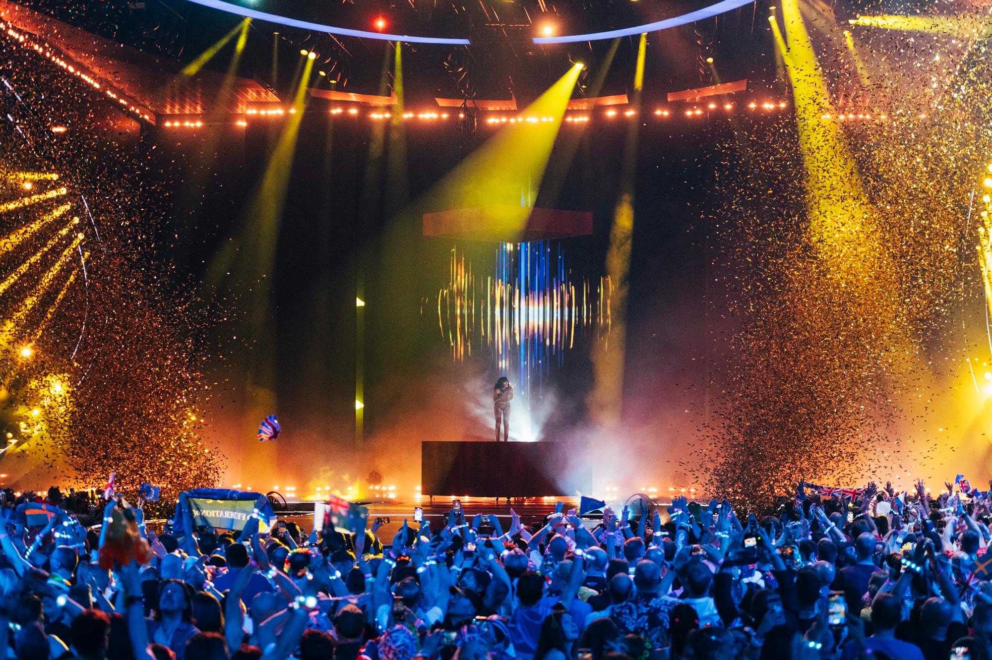 Loreen on stage at Eurovision 2023, surrounded by confetti, shot by Sarah Louise Bennett with the Nikon Z6 II.