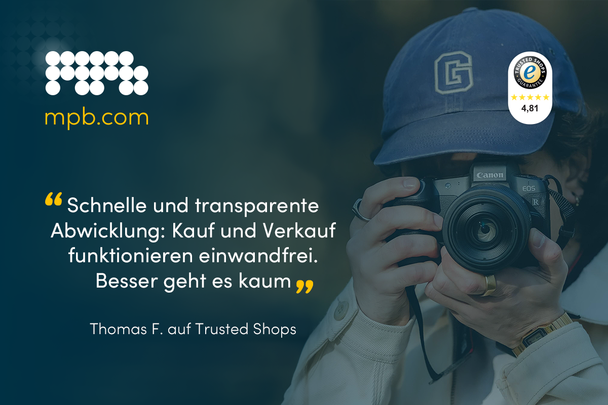 A photographer taking a photo using a camera, with an MPB review overlaid 