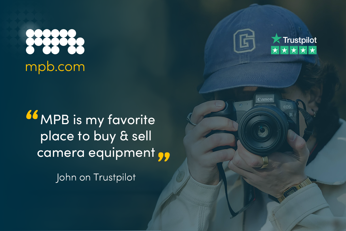 A photographer taking a photo using a camera, with an MPB review overlaid 