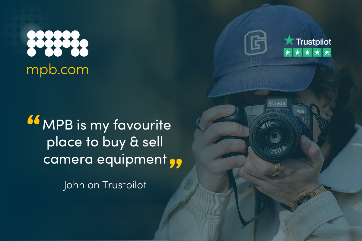 A photographer taking a photo using a camera, with an MPB review overlaid 
