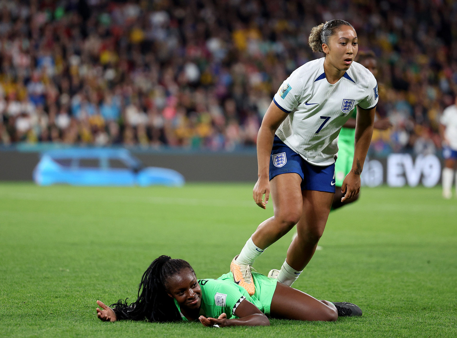 Lauren James (England) stomps on Michelle Alozie (Nigeria), which led to a red card during the FIFA Women's World Cup Australia & New Zealand 2023 round of 16 match between England and Nigeria. Photo by Elsa Garrison on a Canon EOS R3.