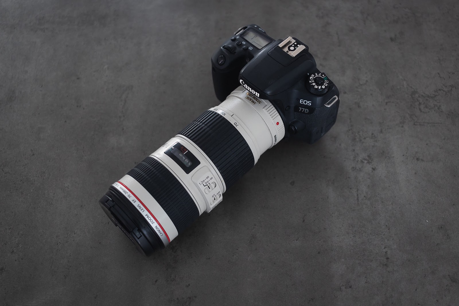 A Canon EOS R6 with a Canon EF 70-200mm f4L IS USM lens on a grey floor background