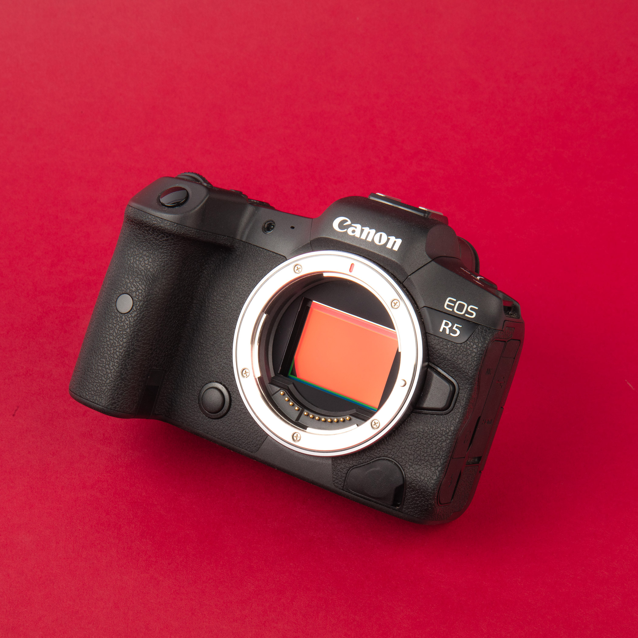 Canon EOS R5 tegen een rode achtergrond