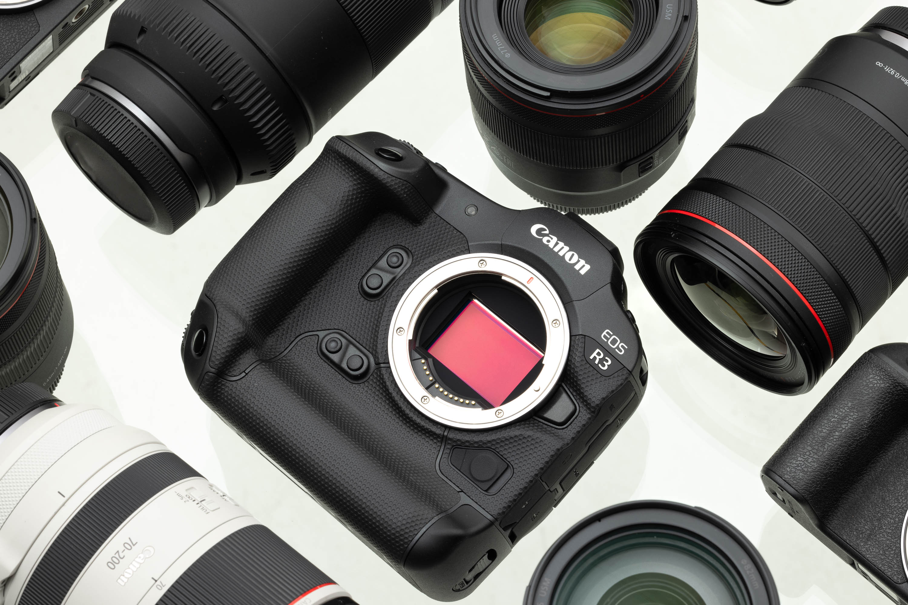 Flatlay der Canon R3 mit Objektiven