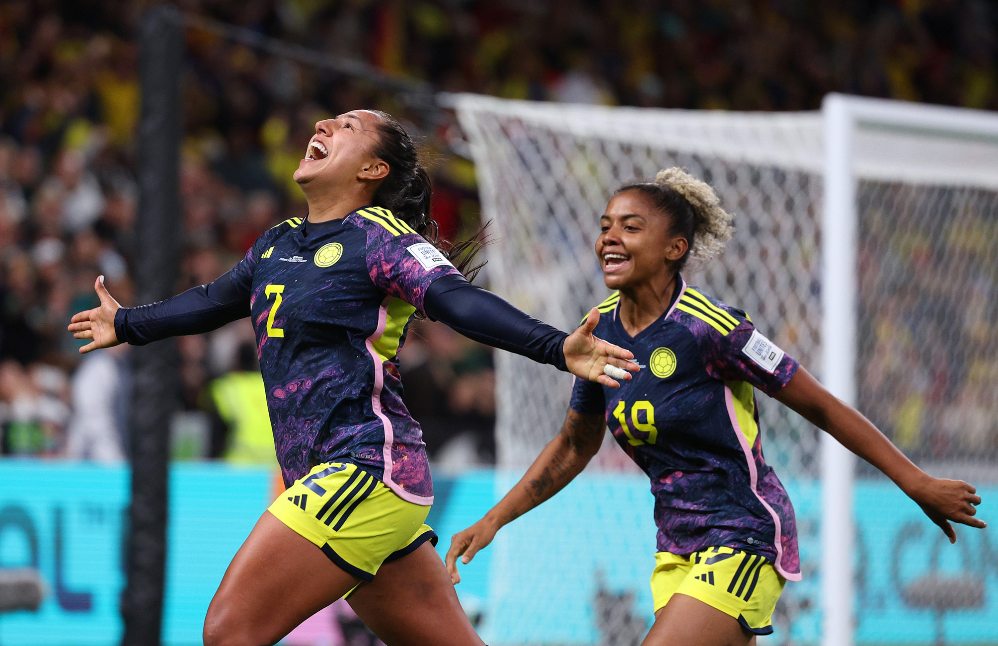 Manuela Vanegas and Jorelyn Carabali of Colombia celebrate after scoring a goal during the FIFA Women's World Cup Australia & New Zealand 2023 match between Germany and Colombia. Photo by Elsa Garrison with a Canon EOS R3.