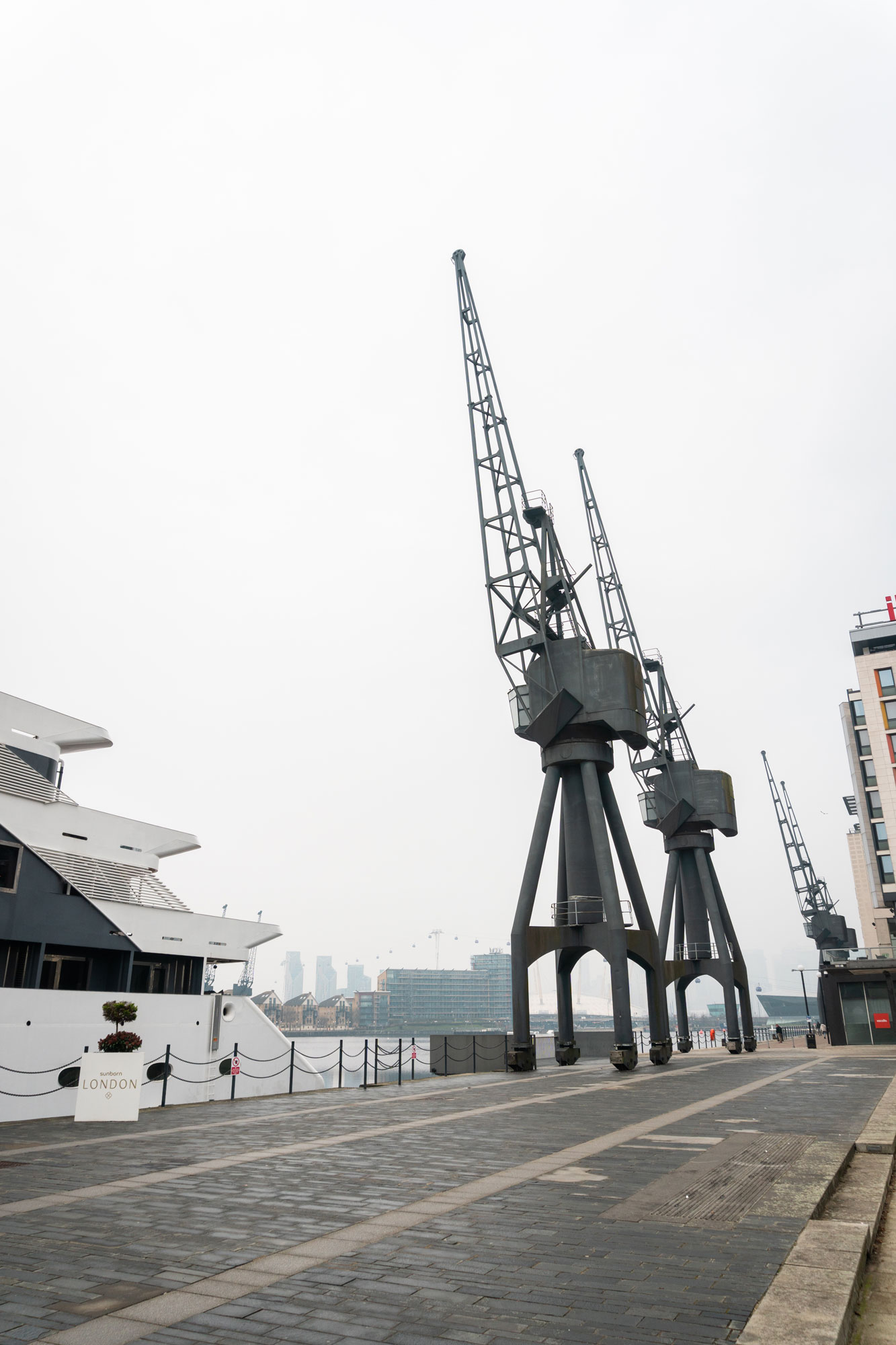 Drei schwarze Kräne in einer Reihe entlang einer gepflasterten Uferpromenade an einem nebeligen Morgen. Eine weiße Yacht fährt von links ins Bild.