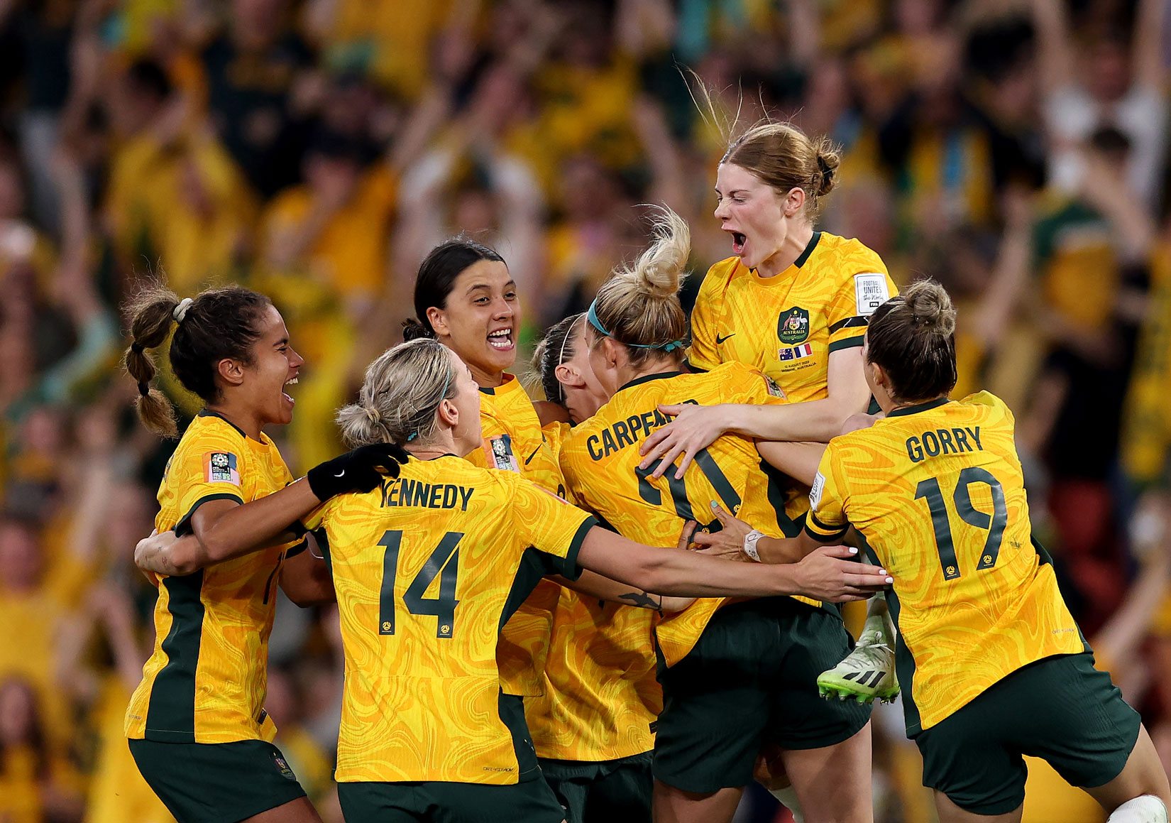 Australian players celebrate their victory after the penalty shoot out during the FIFA Women's World Cup Australia & New Zealand 2023 Quarter Final match between Australia and France. Photo by Elsa Garrison on a Canon EOS R3.