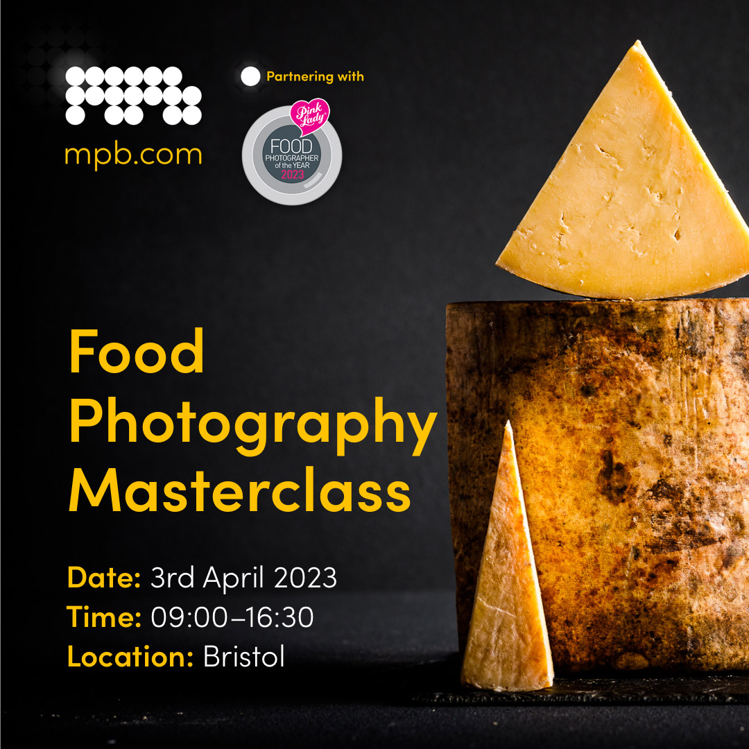 A large wheel of cheese surrounded by slices of cheese and overlaid text reading “Food photography masterclass”, along with the time, date and location of the event.