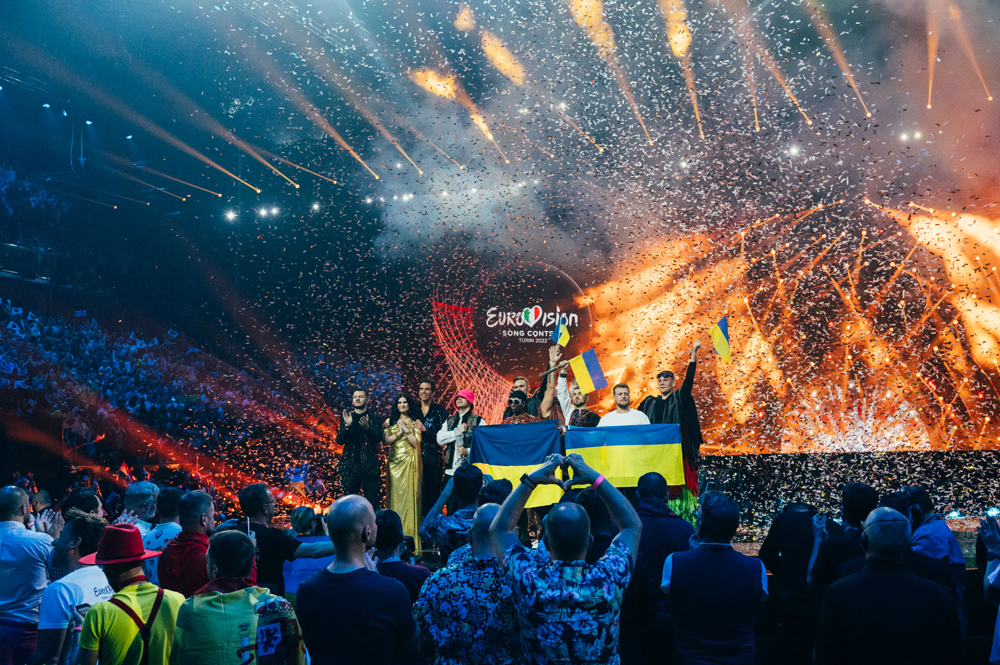 Kalush Orchestra celebrate on stage at Eurovision.