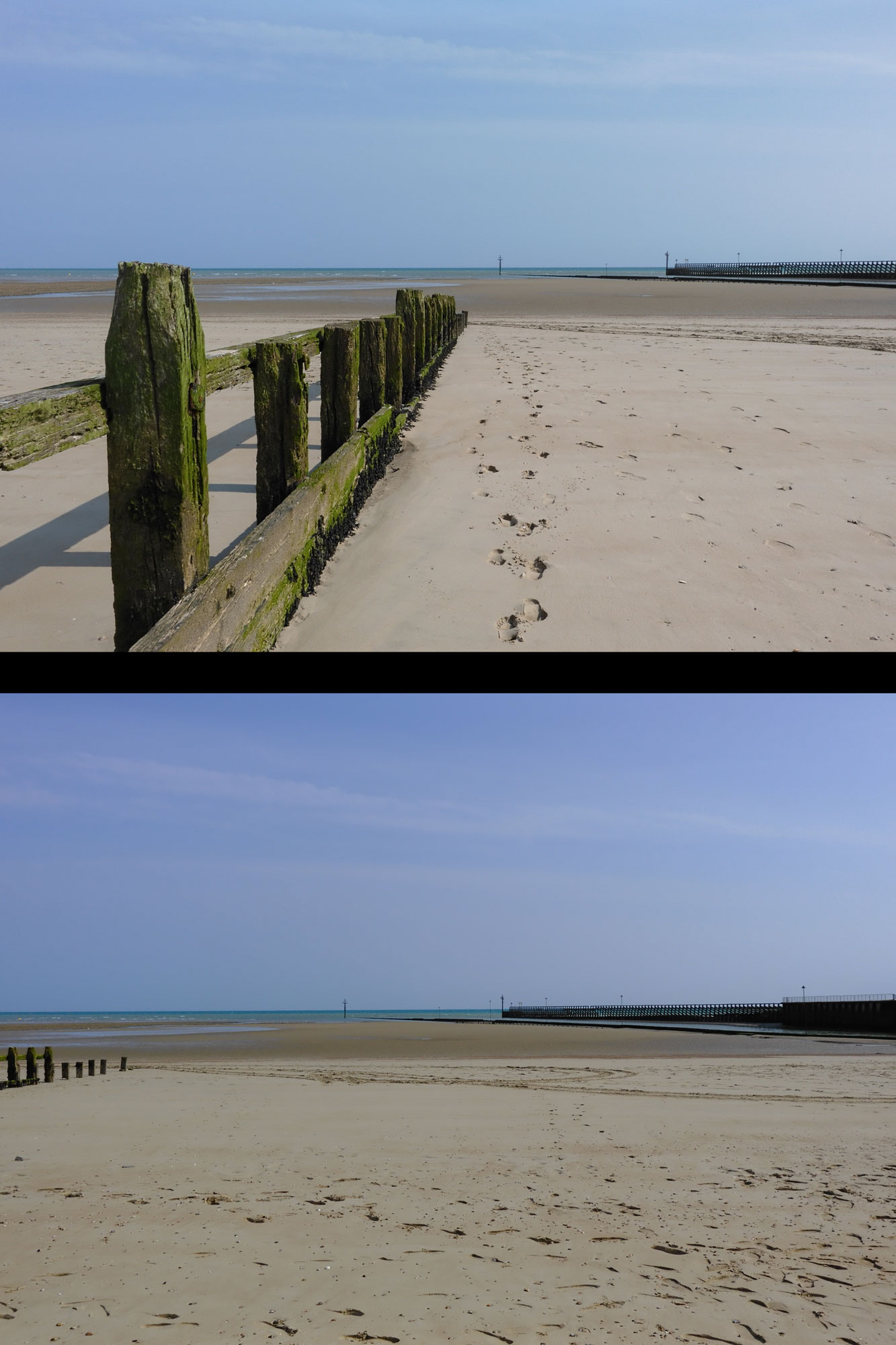 Diptychon, das zwei übereinander gestapelte Landschaftsbilder eines Sandstrands bei Ebbe mit Fußspuren im Sand zeigt.
