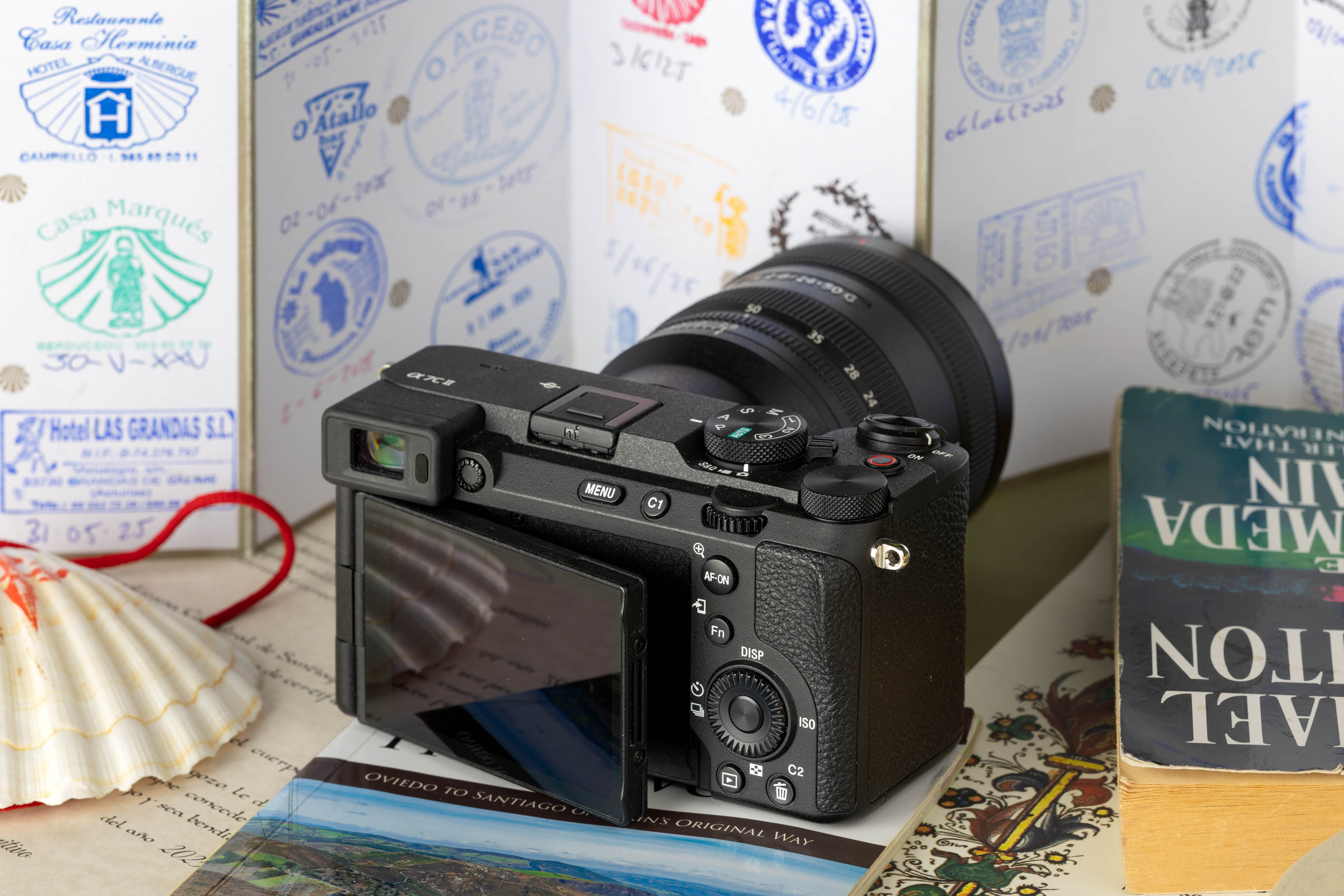 The rear of the Sony A7C II with Camino props around it.
