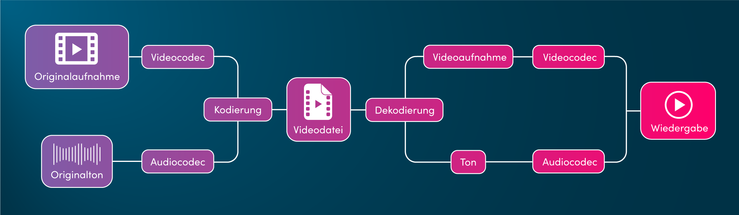 Einfache Infografik, die die Zusammensetzung einer Videodatei zeigt, einschließlich der Video-/Audio-Codecs. 