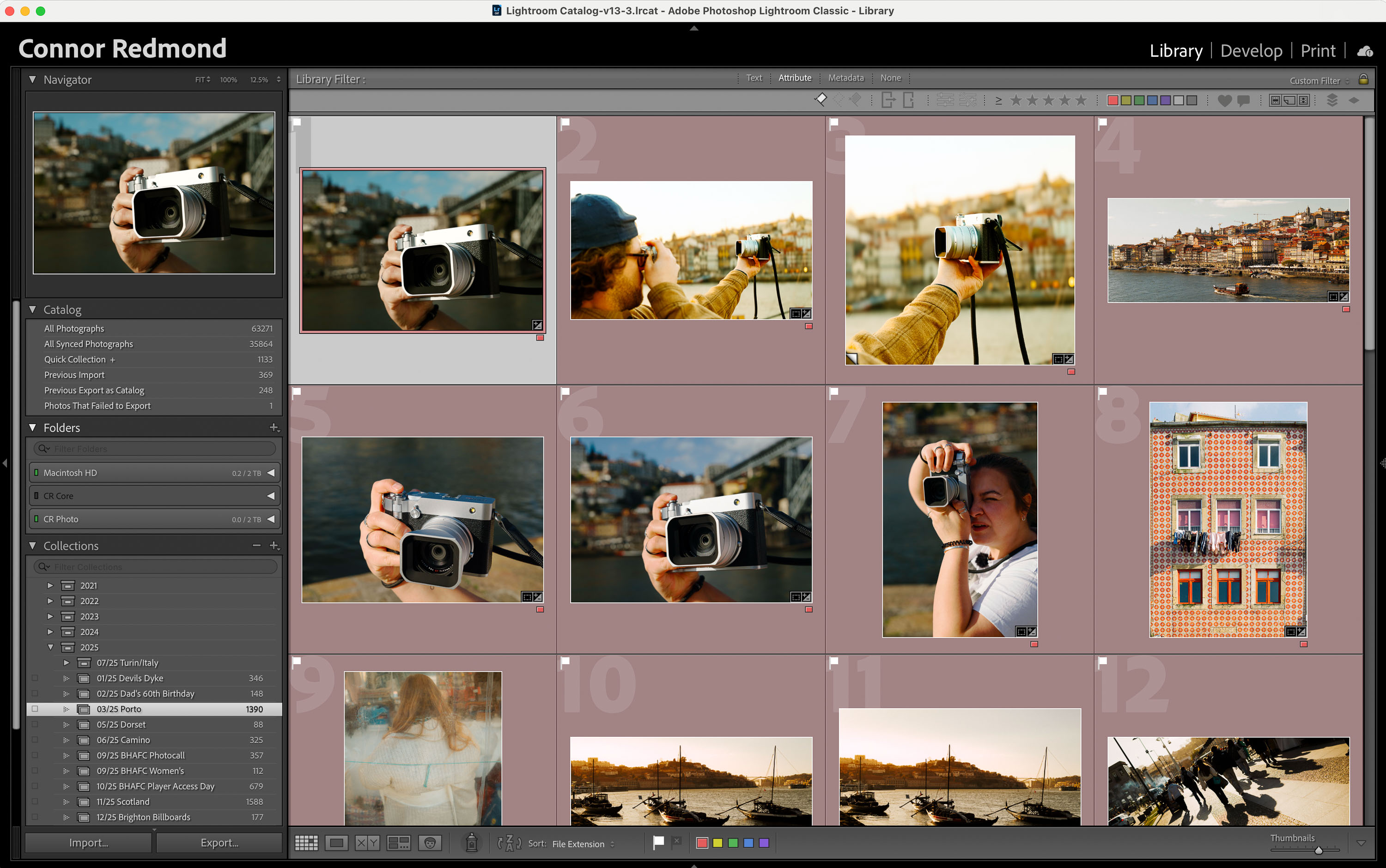 Screenshot eines Lightroom Classic-Katalogs mit Bildern von Connor Redmond.