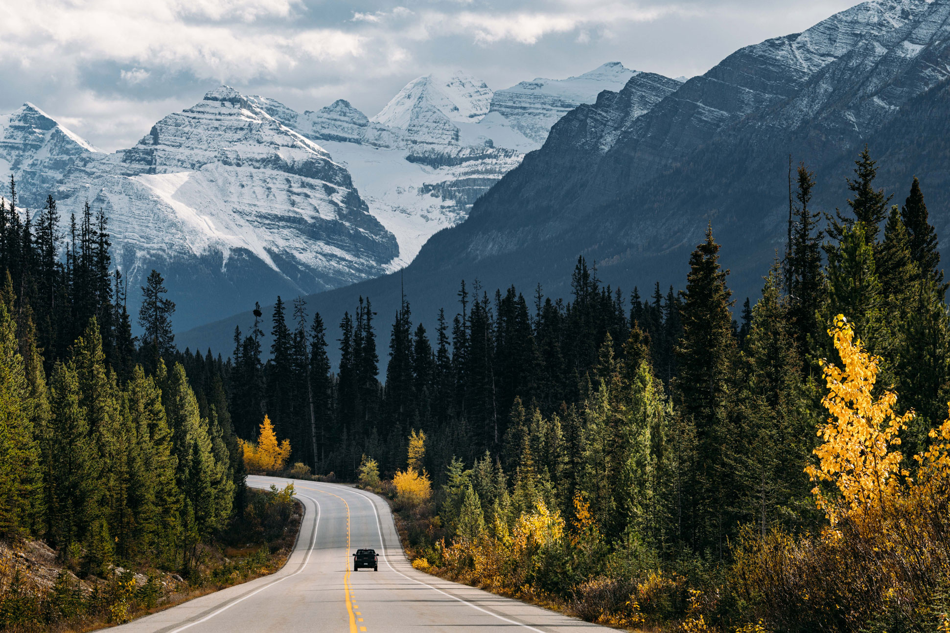 Photo of car driving down tree-lined Icefields Parkway in Banff National Park with mountains in backdrop, by Jude Allen.