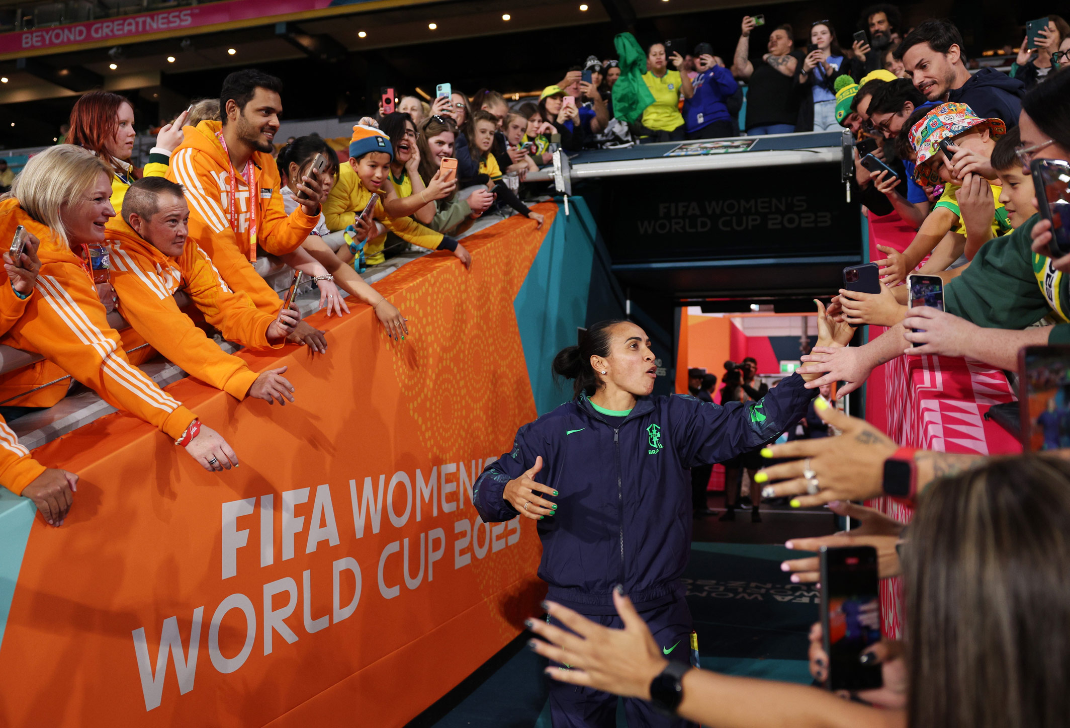Marta of Brazil entering the stadium and greeting fans before the FIFA Women's World Cup Australia & New Zealand 2023 Group F match between France and Brazil. Photo by Elsa Garrison on a Canon EOS R3.