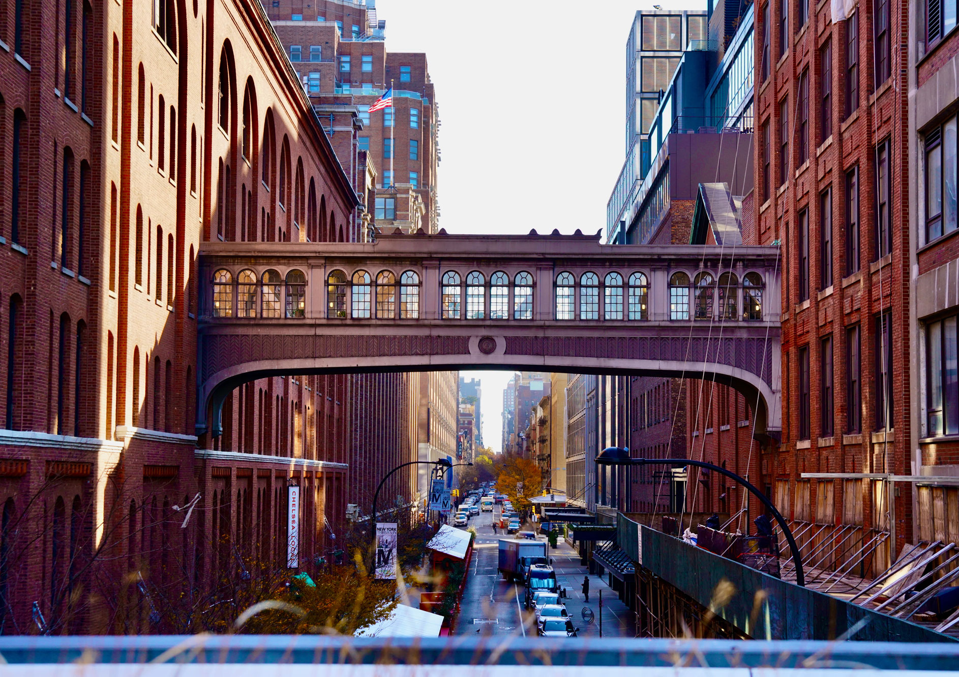 View of street and elevated walkway from the High Line in New York City, photo by Lawrence Bentiné Jr.