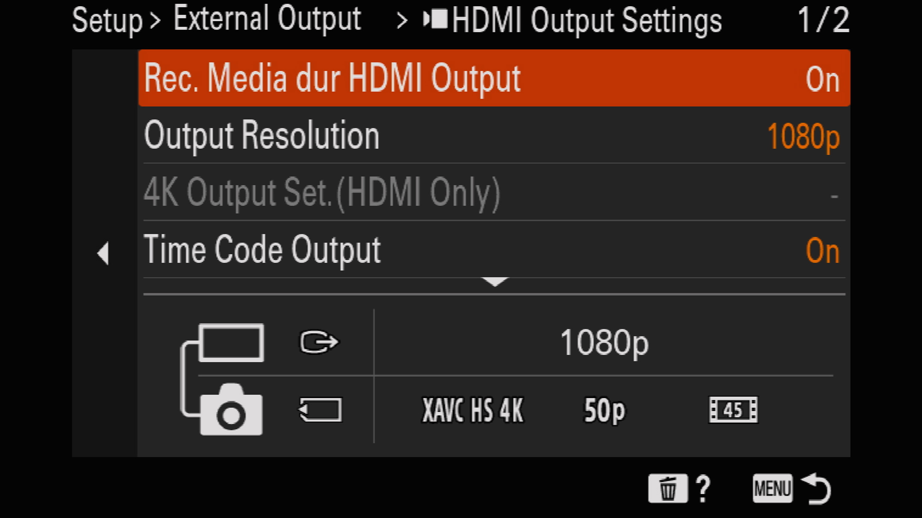 Aufnahme des Displays der Sony A7 IV, die die verschiedenen Auflösungen zeigt, Rec Media dur HDMI Output rot hinterlegt