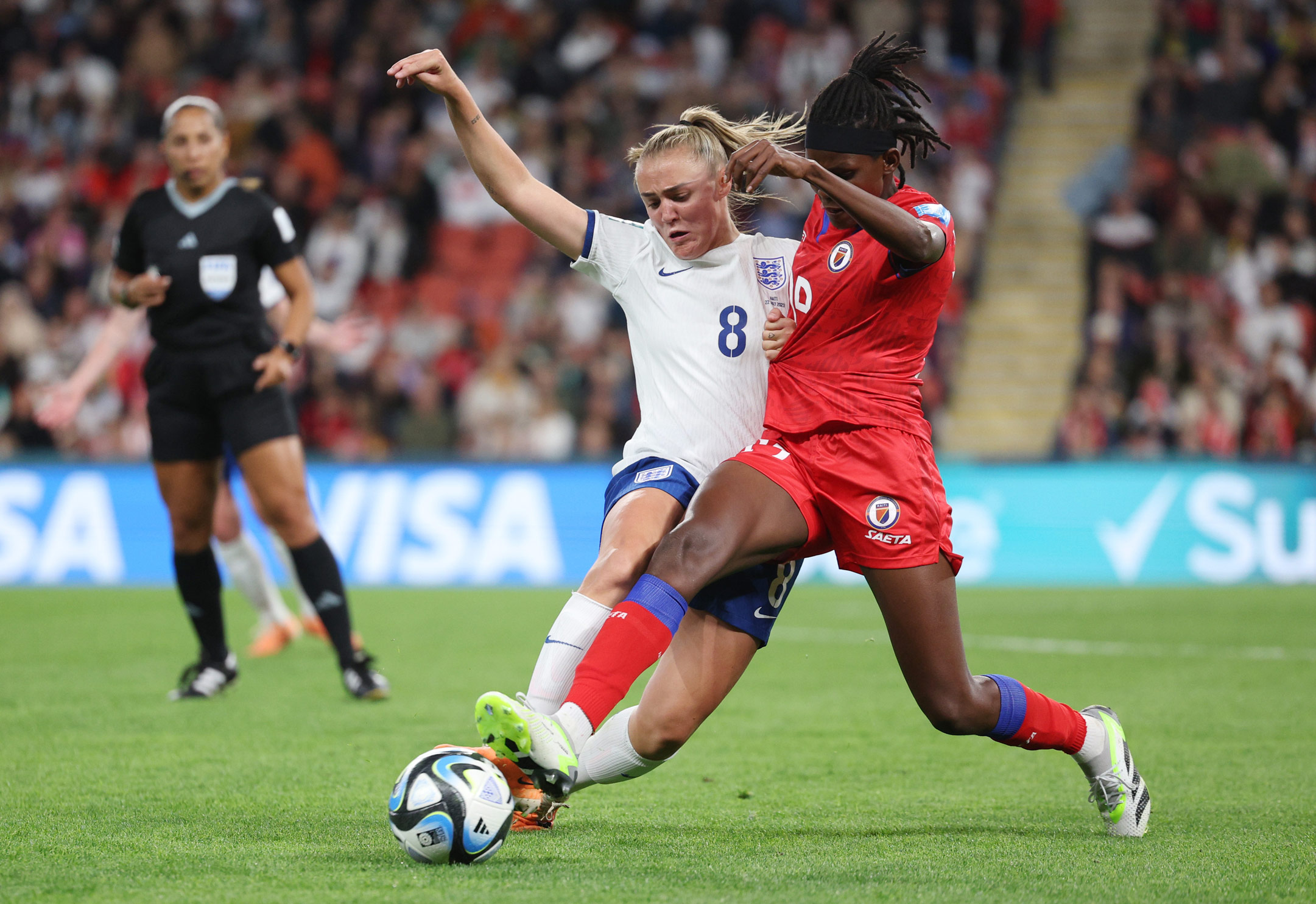 Georgia Stanway of England battles for possession with Dayana Pierre-Louis of Haiti during the FIFA Women's World Cup Australia & New Zealand 2023 Group D match between England and Haiti. Photo by Elsa Garrison on a Canon EOS R3.
