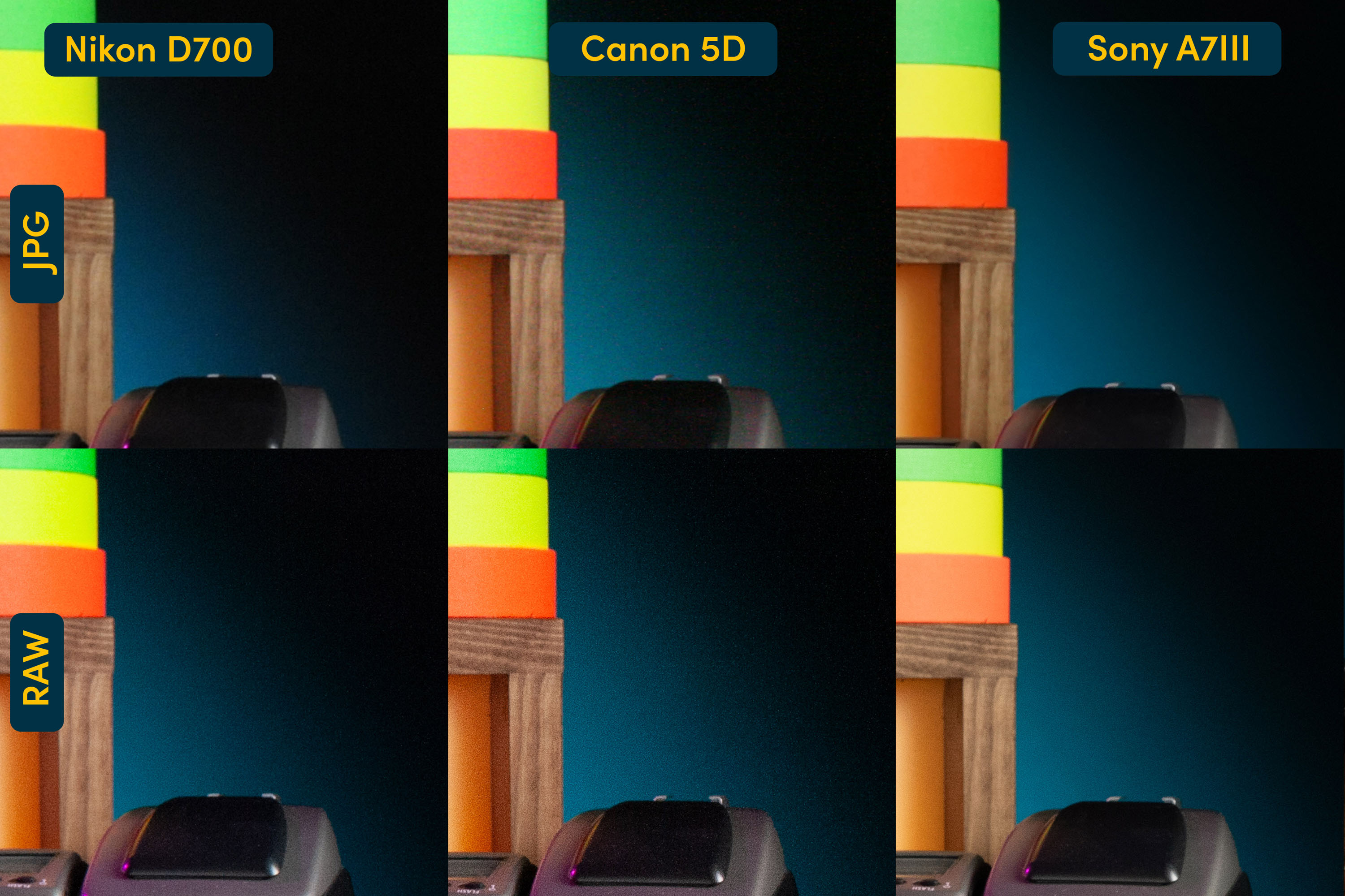 A composite image comparing the High ISO Performance from the Nikon D700, Canon 5D and Sony A7 III.