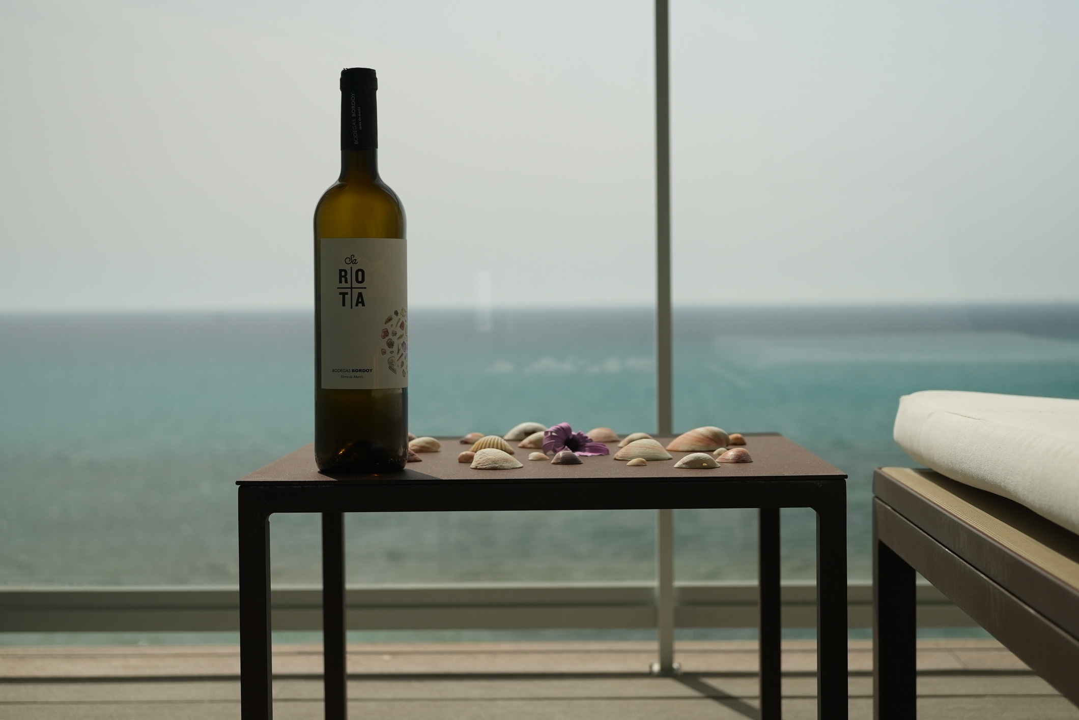 Photo of a bottle and seashells on a table near the sea