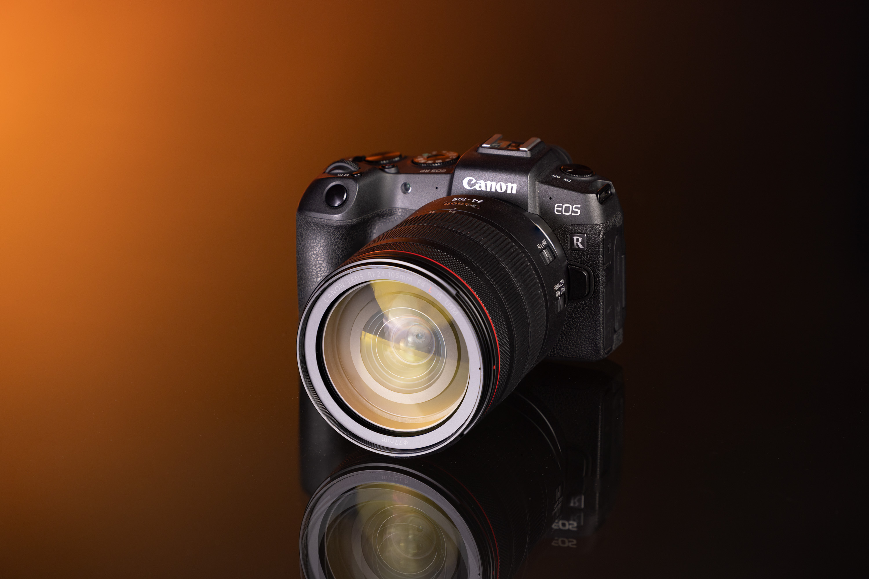 Used Canon EOS RP and Canon RF 24-105mm f/4 L IS USM on an orange and black background

