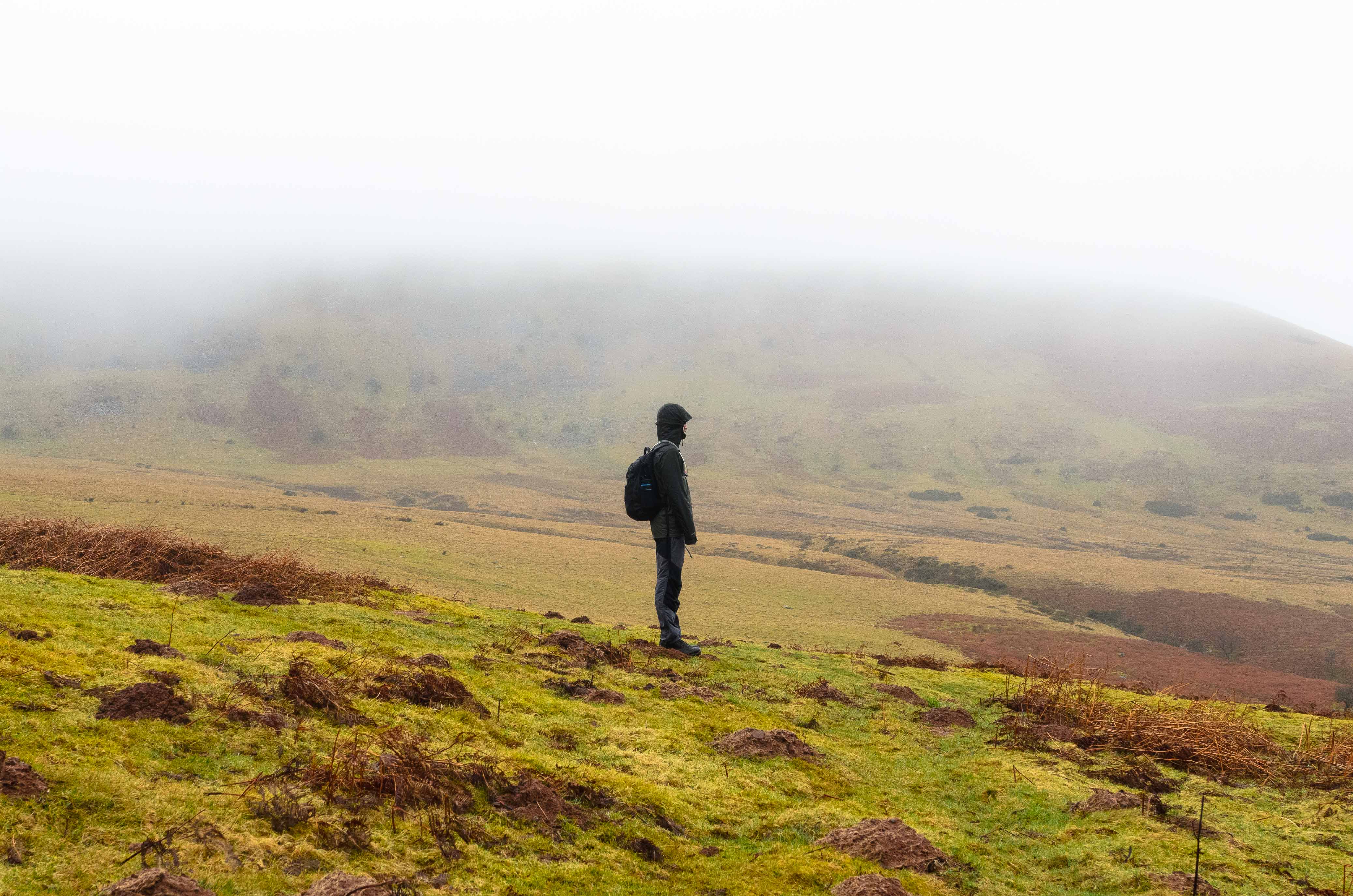 A person stands staring out at misty mountains in the Brecon Beacons. By Connor Redmond.