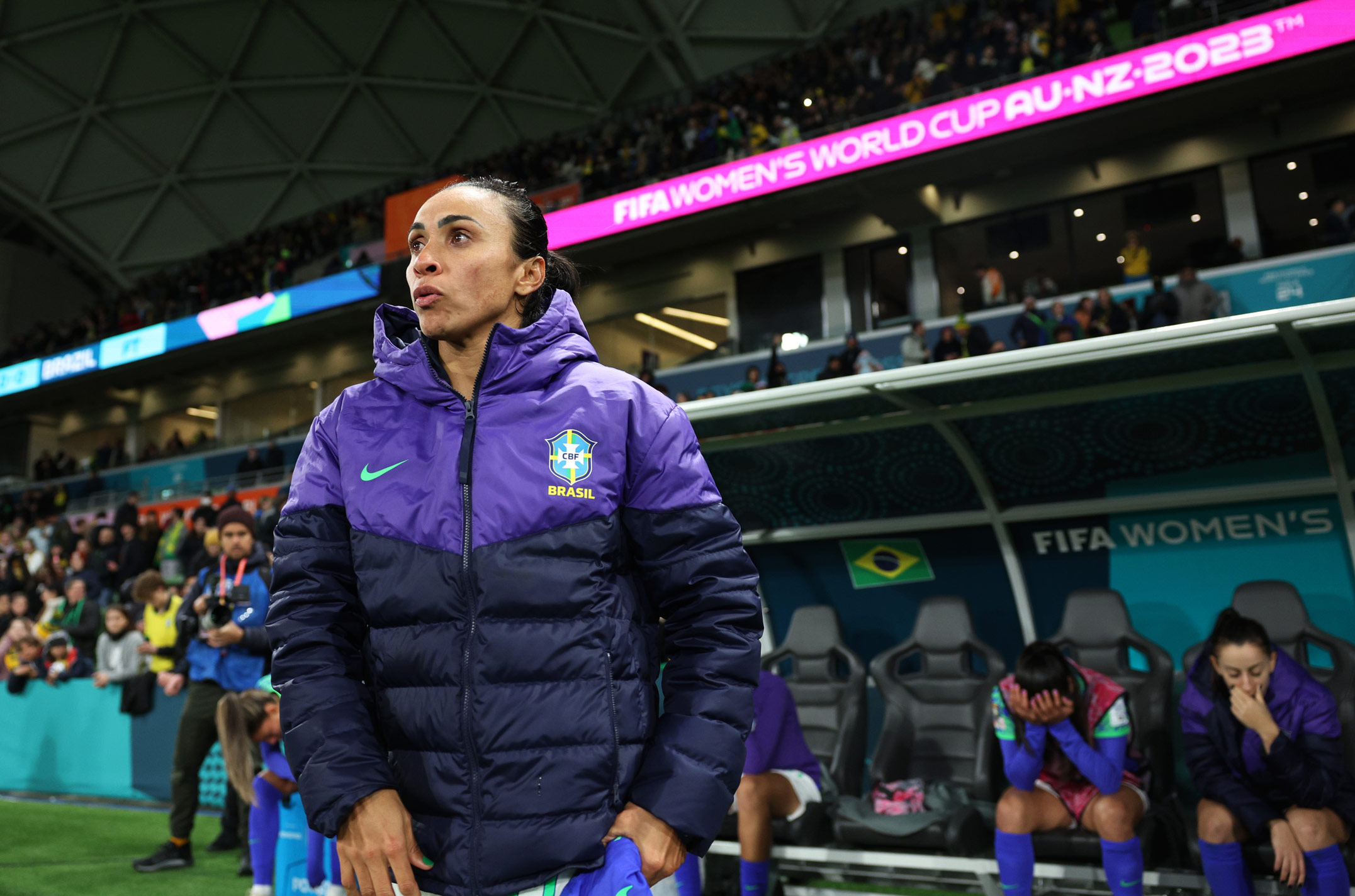 Marta of Brazil reacts to being eliminated from the tournament in the FIFA Women’s World Cup Australia & New Zealand 2023 following Group F match between Jamaica and Brazil. Photo by Elsa Garrison on a Canon EOS R3.